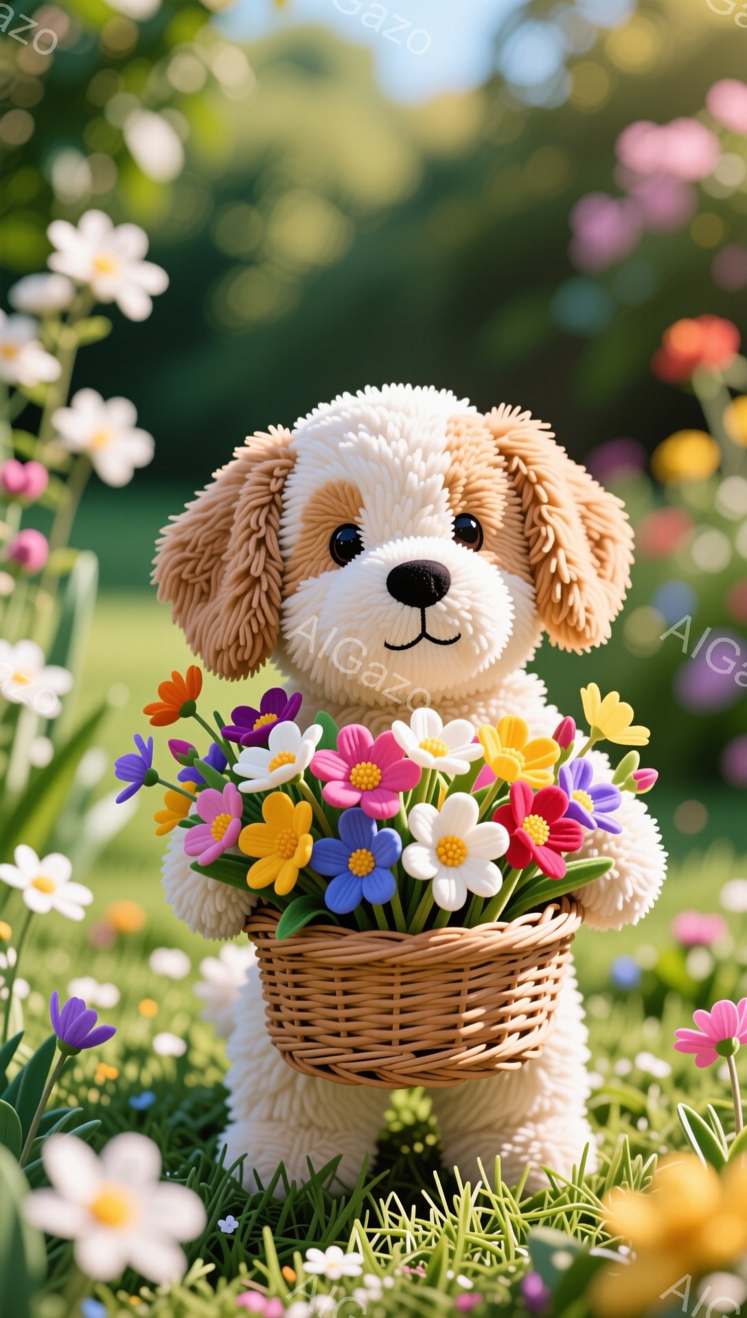 柔らかい毛並みの茶色と白の可愛い子犬が、花でいっぱいのバスケットを抱えています。周りには色とりどりの花が咲き乱れ、春の穏やかな雰囲気が漂っています。子犬は幸せそうに前を見つめています。 - AI生成フリー素材