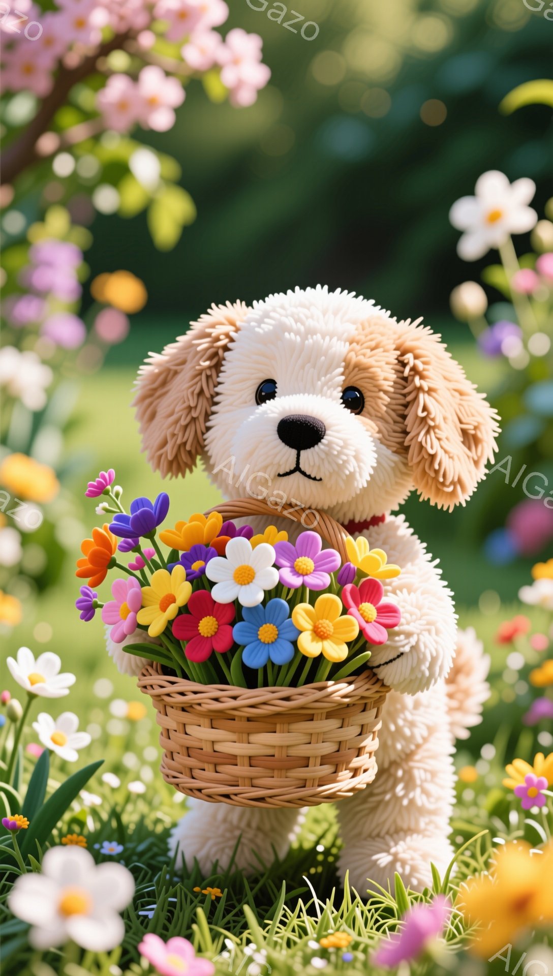 ふわふわのクリーム色の犬が、花でいっぱいのバスケットを抱えています。背景には、色とりどりの花々が咲き乱れる草原が広がっており、暖かく穏やかな雰囲気です。犬は少し微笑んでいるようで、可愛らしい表情が印象 - AI生成フリー素材