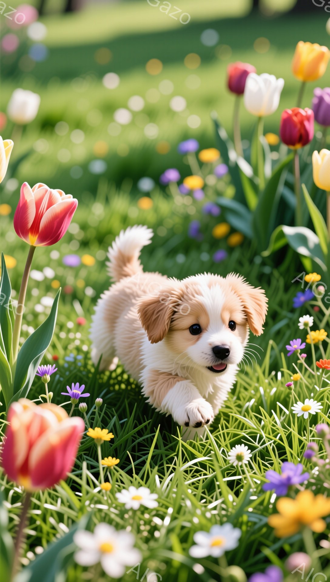 草原で花の間を駆け回る、小さな子犬が写っています。子犬はクリーム色と茶色の毛並みで、非常に活発で楽しそうな表情をしています。背景には様々な色の花が咲き乱れ、春らしい明るく温かい雰囲気が漂っています。 - AI生成フリー素材