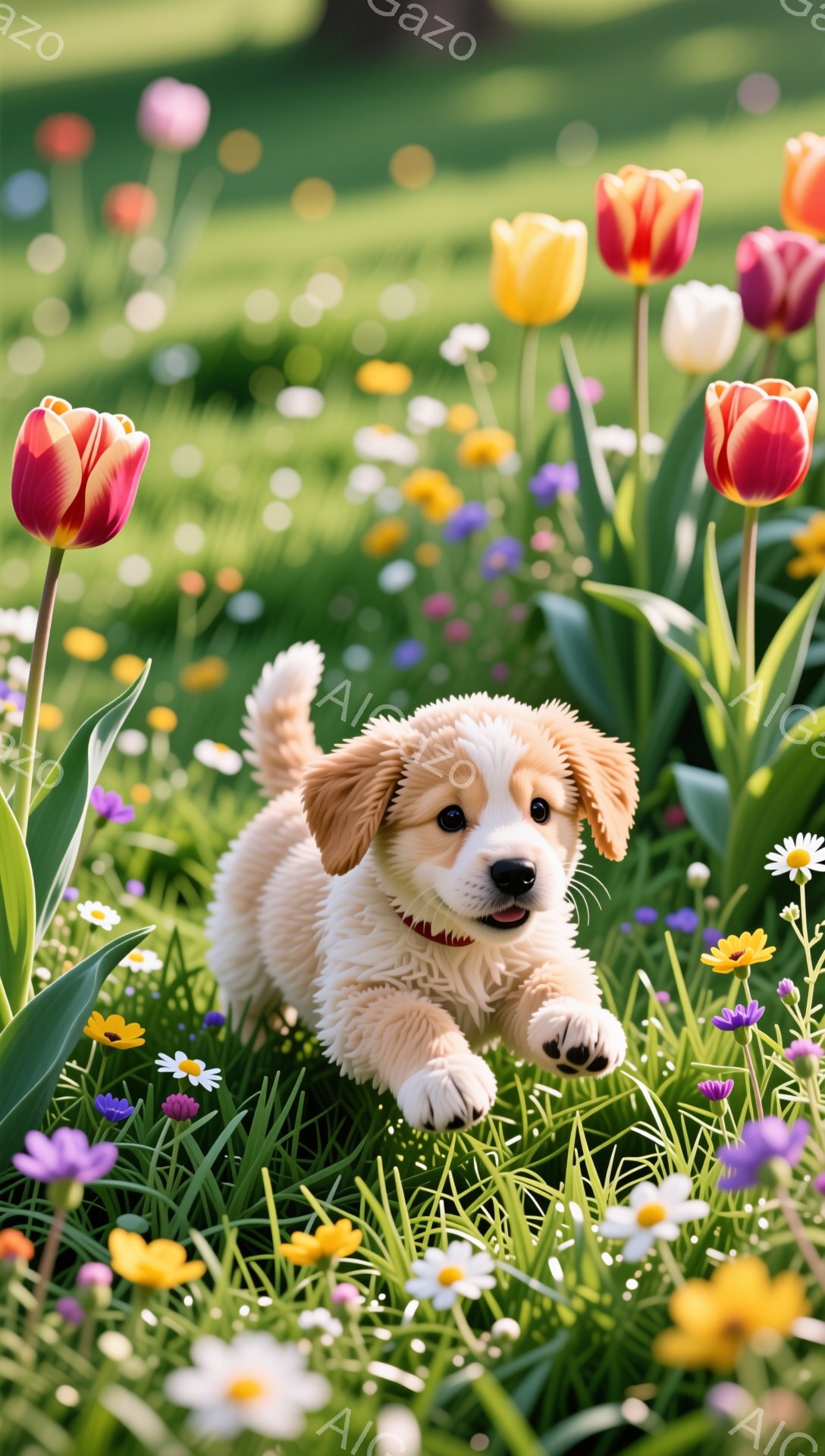 小さな子犬が花畑の中を走り回っています。鮮やかな色彩の花々が咲き乱れ、暖かく幸せな雰囲気を醸し出しています。子犬は喜びにあふれており、その姿は春の陽気さを象徴しています。 - AI生成フリー素材