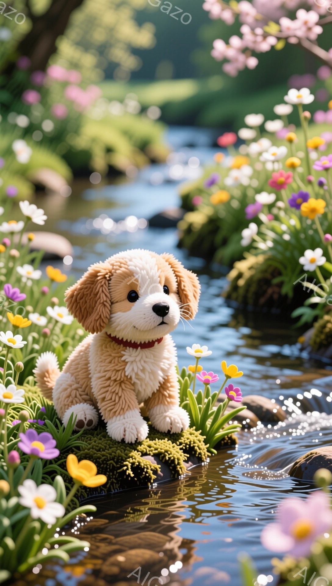 可愛らしい子犬が花畑の真ん中で座っています。赤色の首輪をつけており、短い足と大きなつぶらな瞳が特徴的です。背景には青々とした草木と小川が流れ、穏やかで優しい雰囲気が漂っています。