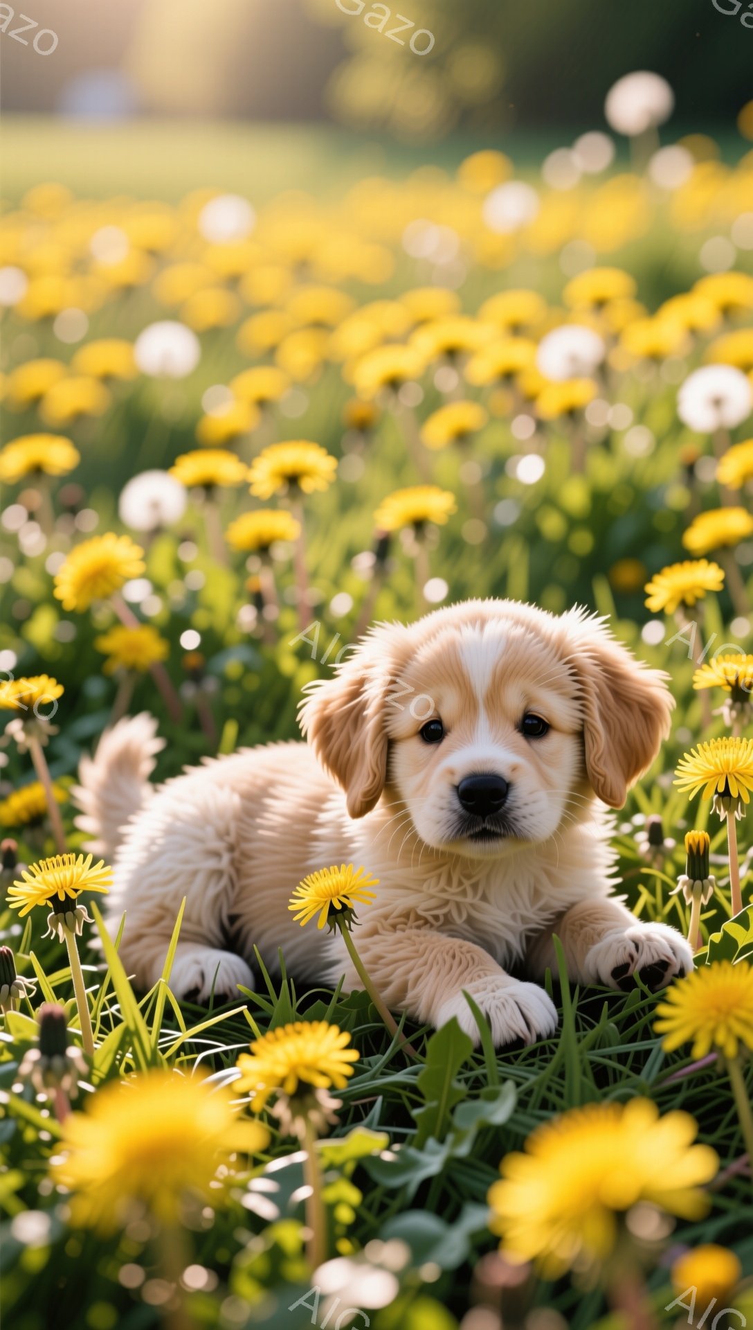 黄金色をした子犬がタンポポ畑の中で横たわっています。子犬はカメラに向かって優しい眼差しを送り、リラックスした様子が伺えます。背景は緑豊かな草と、ぼんやりとした光で満たされ、暖かく穏やかな雰囲気です。