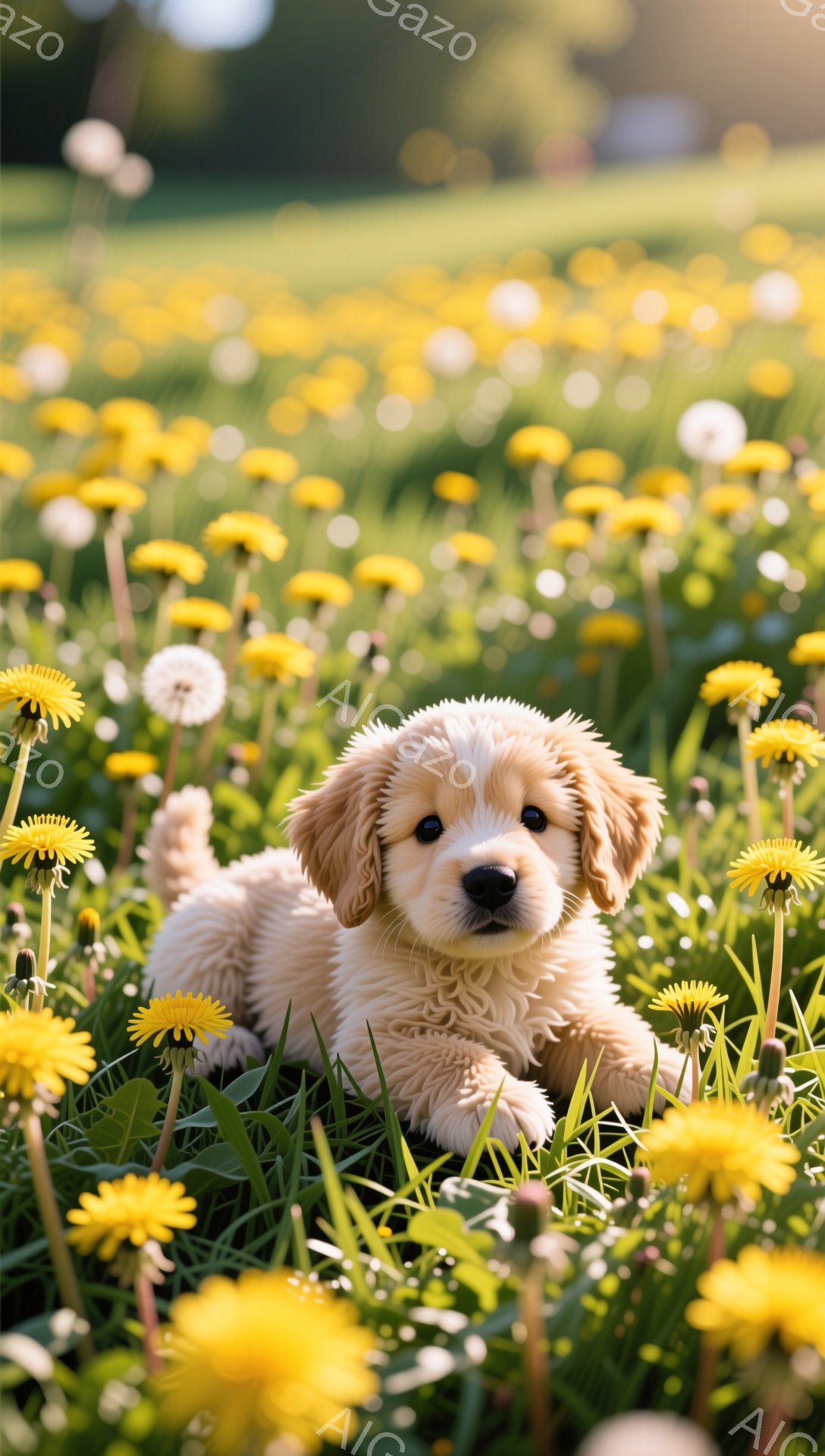 緑豊かな芝生とタンポポ畑で、クリーム色の毛並みの可愛い子犬がリラックスして横たわっています。子犬はカメラ目線で、つぶらな瞳が印象的です。背景はぼやけており、子犬が際立っています。