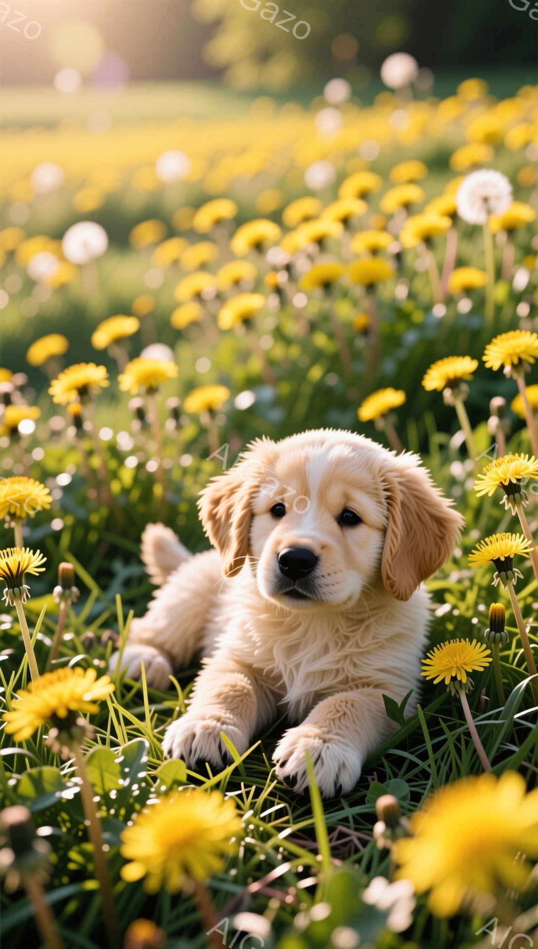 金色の毛並みを持つ子犬が、タンポポがたくさん咲く草原に横たわっています。子犬はカメラ目線で、とても可愛らしい表情をしています。背景には柔らかな光が差し込み、暖かい雰囲気を醸し出しています。