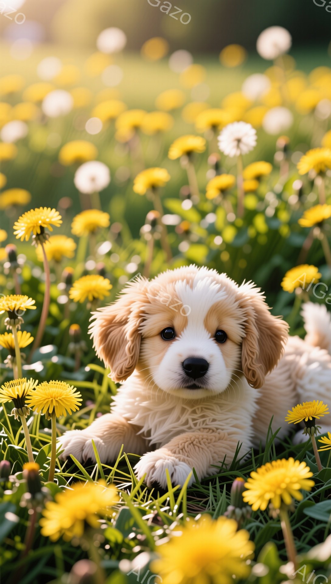 日当たりの良い草原で、ふわふわのクリーム色のパピーがタンポポの中に横たわっています。その子は大きな茶色の目でカメラを見つめ、穏やかで幸せな表情をしています。周りには鮮やかな緑の草と黄色いタンポポが咲き - AI生成フリー素材