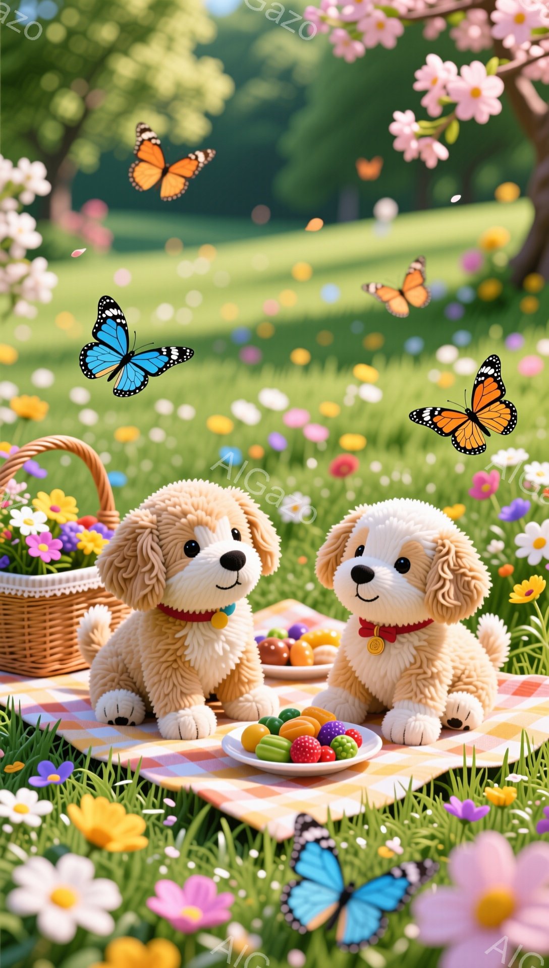 ふわふわのクリーム色のパピー犬が2匹、ピクニックのチェック柄の布の上に座っています。犬たちは赤い首輪をつけており、果物とキャンディーが乗ったお皿を前にしています。背景には花が咲き乱れる緑の草原と、空を - AI生成フリー素材