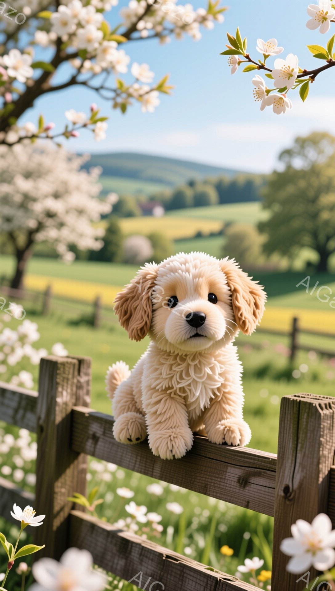 ふわふわのクリーム色のパピーが、木製の柵の上に乗ってこちらを見ている。背景には緑の田園風景と、白く美しい桜の花が咲き乱れている。春の暖かい日差しを感じさせる、穏やかで可愛らしい光景だ。