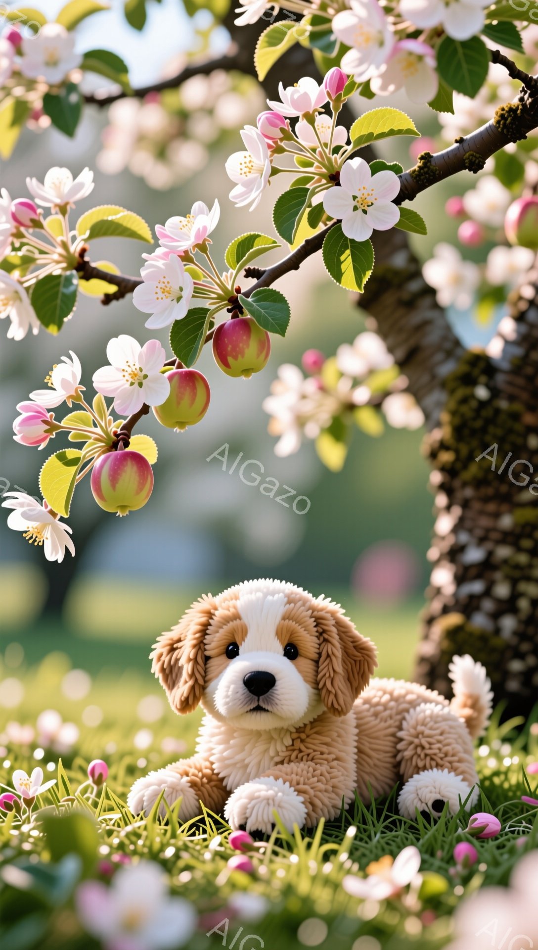 柔らかい毛並みの小さな子犬が、リンゴの花が咲き乱れる緑の草の上に横たわっています。子犬はリラックスした表情で、穏やかな春の日の雰囲気に包まれています。背景には、花とリンゴのなる木がぼんやりと見え、暖かく優しい光が差し込んでいます。