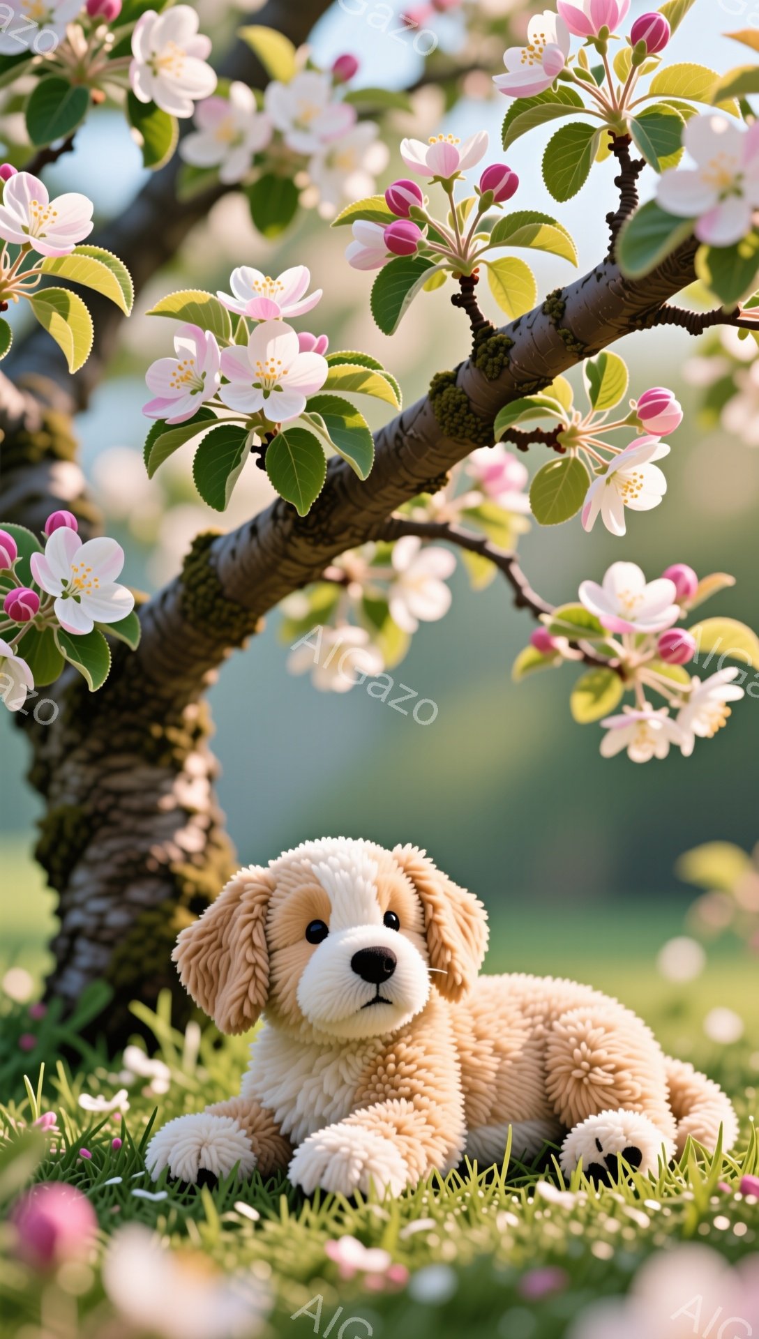 ふわふわの毛並みを持つ子犬が、桜の木の下の緑の草の上に横たわっています。子犬はリラックスした様子で、穏やかな春の雰囲気が漂います。背景には、桜の花びらが舞い散り、暖かい日差しが差し込んでいます。 - AI生成フリー素材