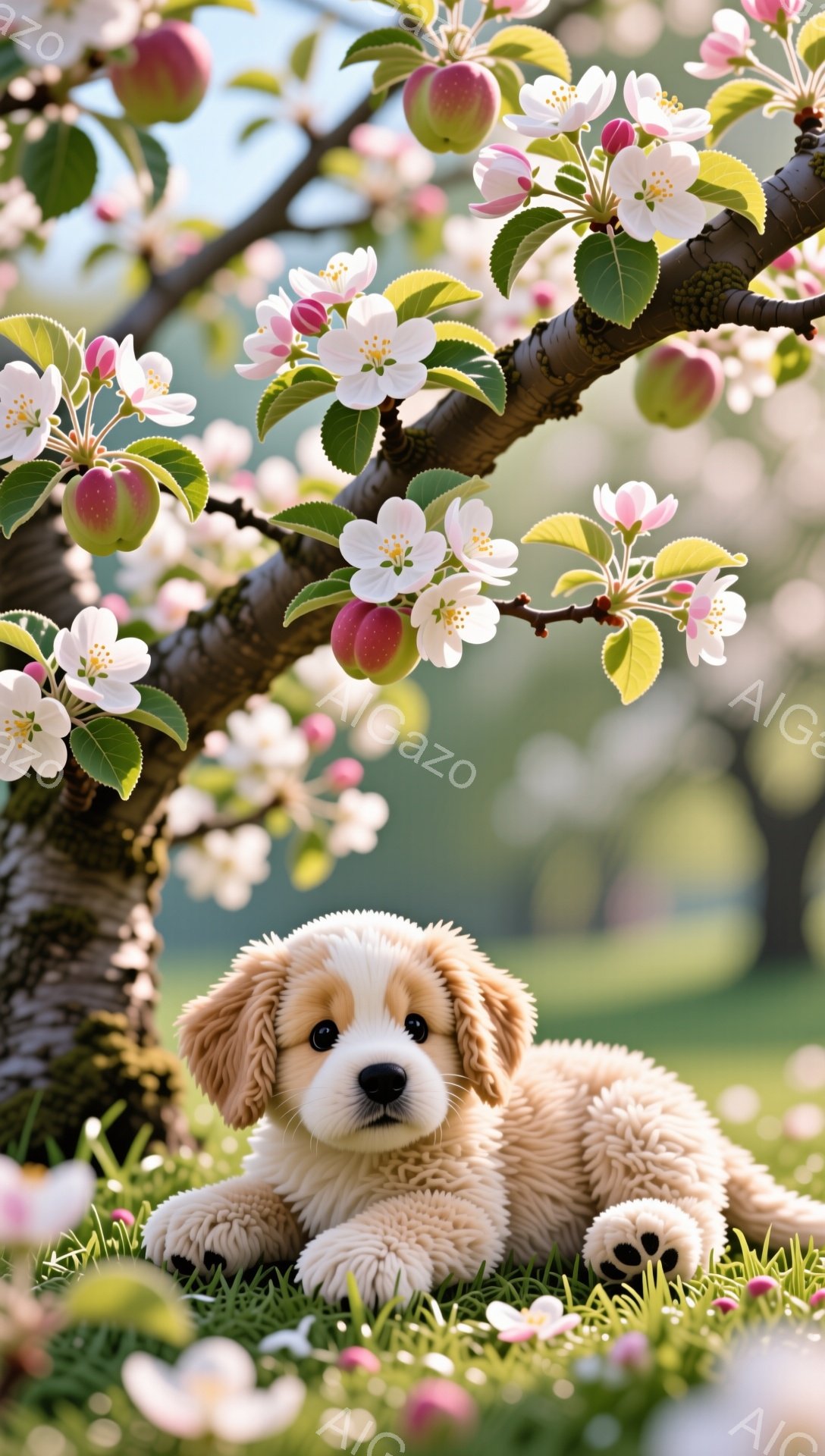 芝生の上に横たわる、ふわふわのクリーム色のパピーがいます。背景には、ピンク色の花が咲き誇る木があり、春の暖かく穏やかな雰囲気を醸し出しています。パピーはリラックスした様子で、その愛らしい姿は見る人の心を温めます。