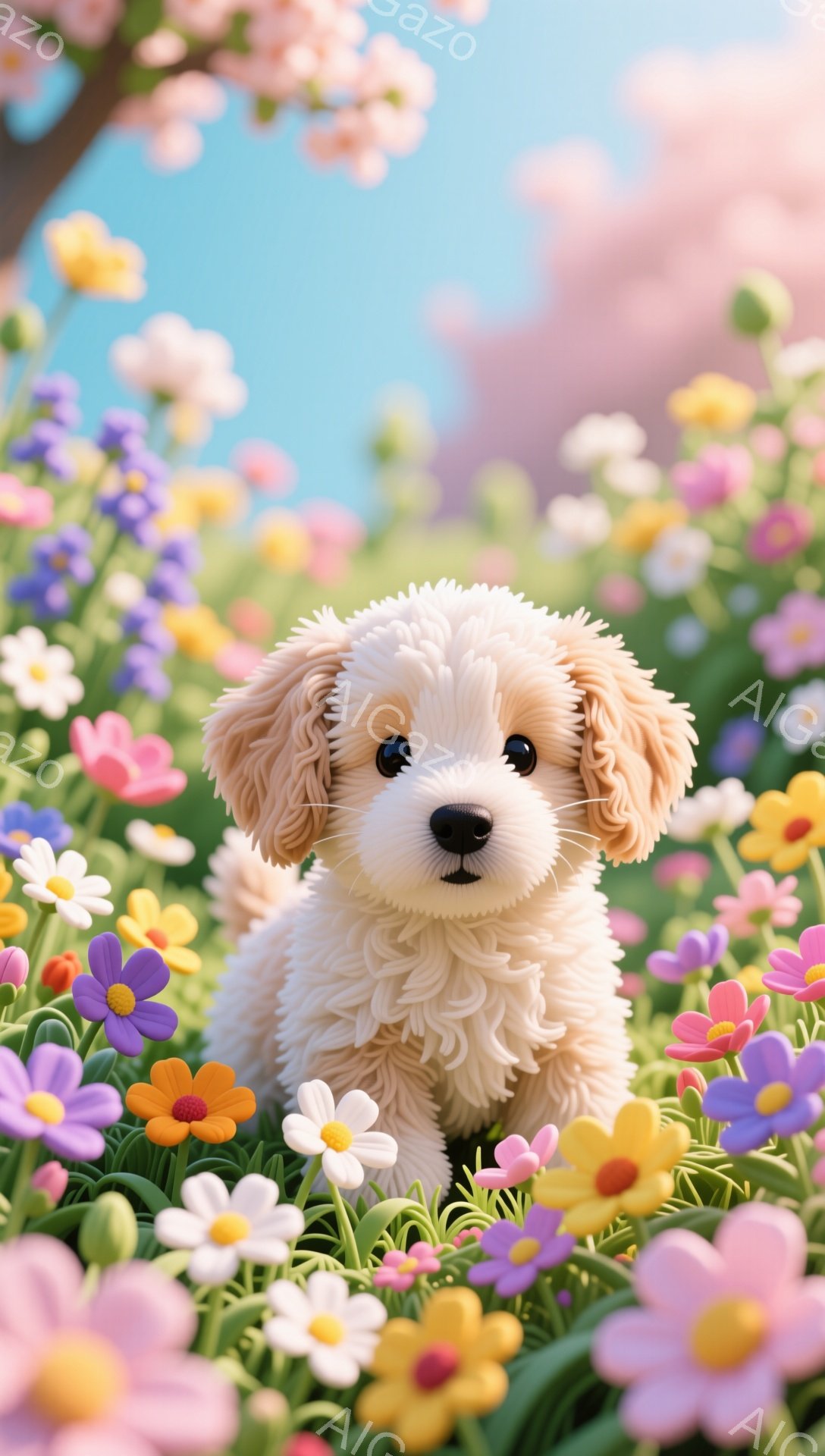 ふわふわのクリーム色の犬が、色とりどりの花畑の中にいます。大きな瞳が印象的で、とても可愛らしい表情をしています。背景には桜が咲き誇り、春の暖かい雰囲気が感じられます。 - AI生成フリー素材