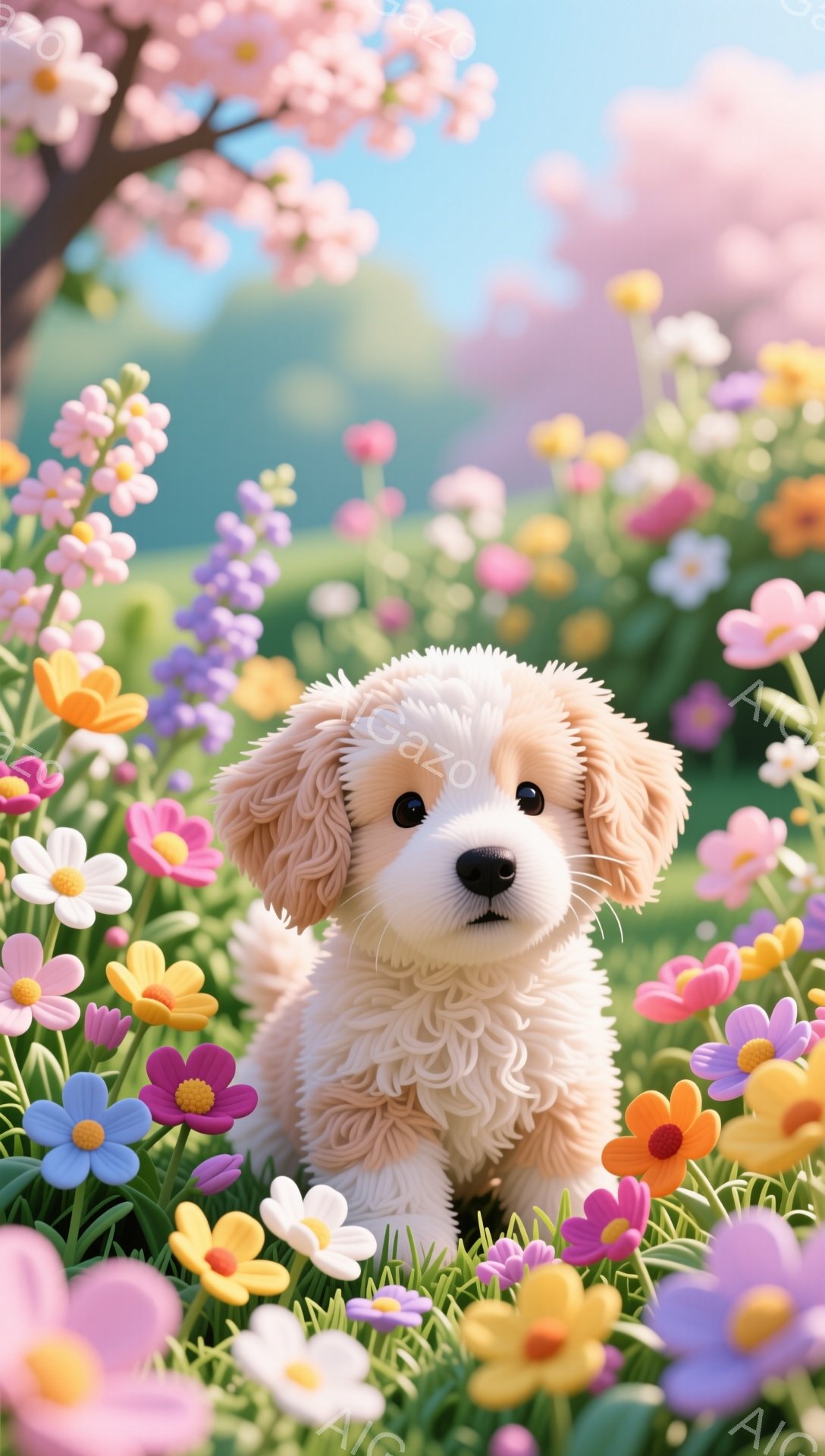 ふわふわのクリーム色の毛並みを持つ子犬が、色とりどりの花畑の中で可愛らしく座っています。子犬は好奇心旺盛な表情でこちらを見つめ、穏やかで優しい雰囲気が漂います。背景にはピンク色の花が咲き誇る木があり、 - AI生成フリー素材