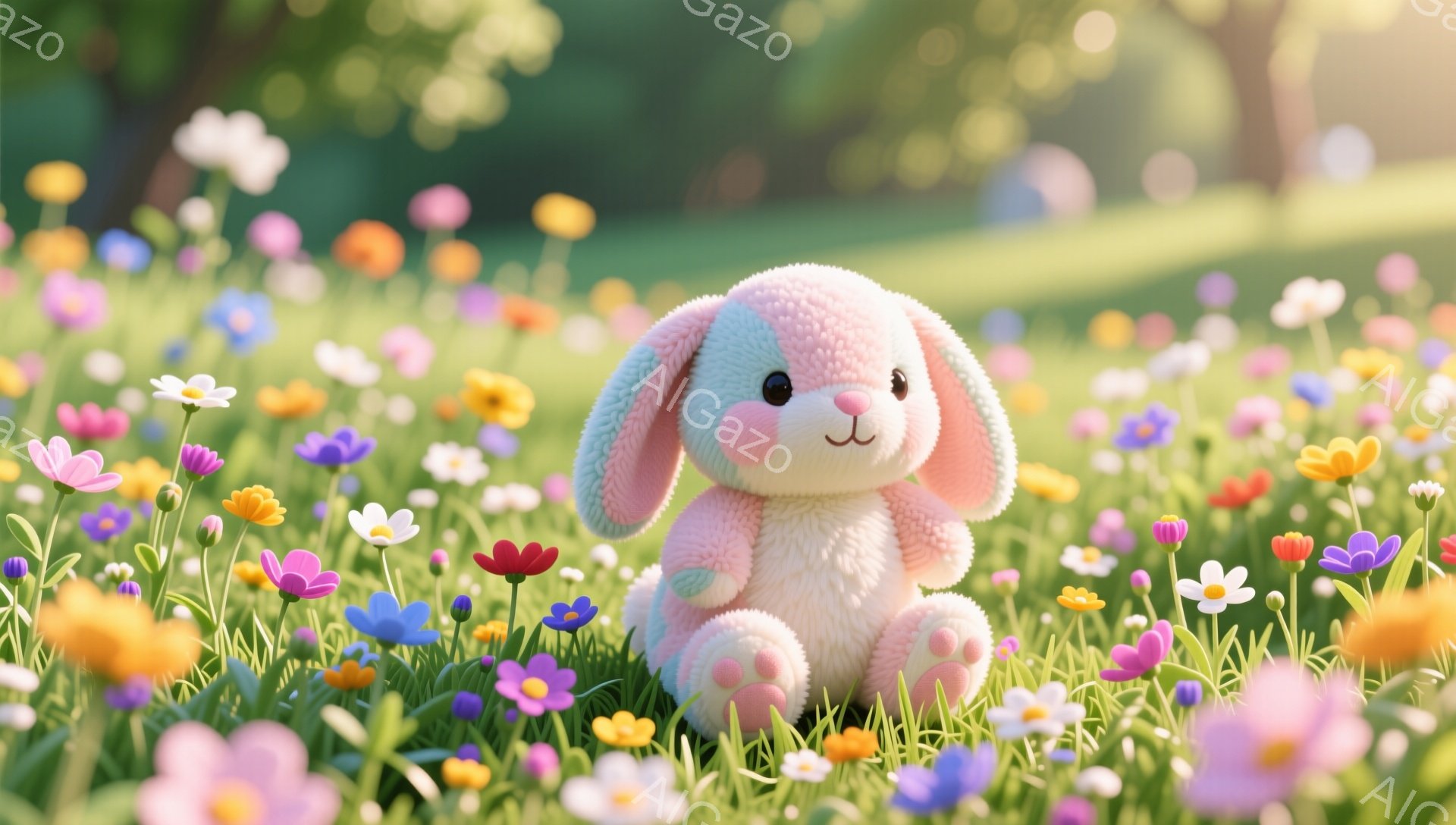 色とりどりの花々が咲き乱れる草原に、ふわふわのピンクと白のうさぎのぬいぐるみが座っています。うさぎは大きな瞳で前を見つめ、春の暖かさと静けさを感じさせる穏やかな雰囲気を醸し出しています。背景には緑豊かな草が生い茂り、光が差し込み、まるで絵画のような美しい景色です。