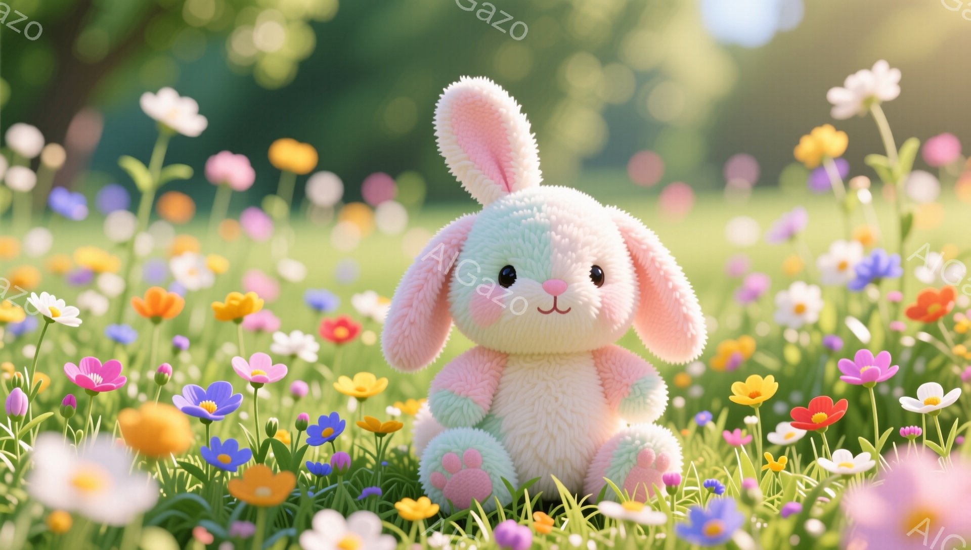 ふわふわのピンクと緑のウサギのぬいぐるみは、色とりどりの花々に囲まれた草原に座っています。ウサギは幸せそうに微笑み、背景は柔らかい光に包まれた自然豊かな風景です。暖かく穏やかな雰囲気が漂う、可愛らしい - AI生成フリー素材