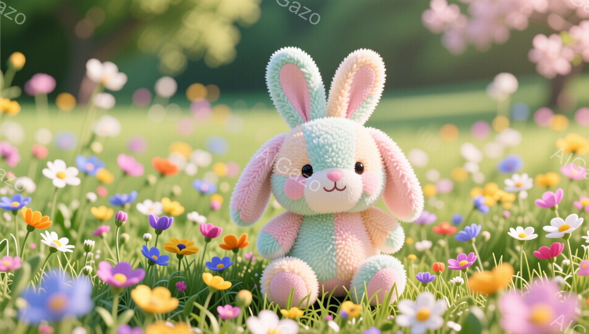 色とりどりの花々が咲き乱れる草原に、ピンクと緑のパステルカラーのふわふわしたウサギのぬいぐるみがお座りしています。つぶらな瞳と微笑みが可愛らしく、優しい雰囲気です。背景はぼやけており、夢のような世界を - AI生成フリー素材