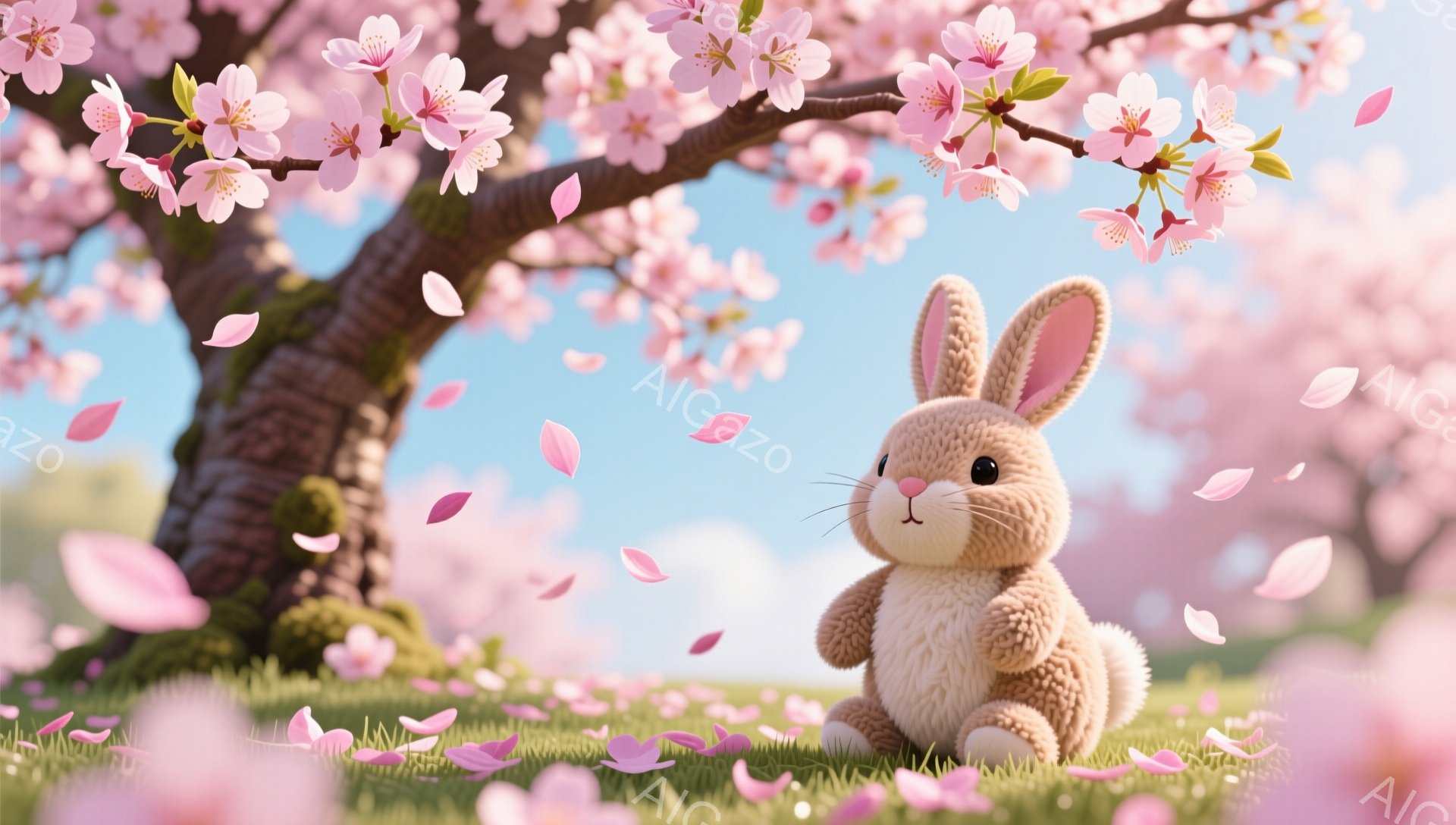 桜の木の下でふわふわのウサギが座っています。周りには桜の花びらが舞い、春の穏やかな雰囲気が漂っています。ウサギは可愛らしい表情で、見ている人を魅了します。 - AI生成フリー素材