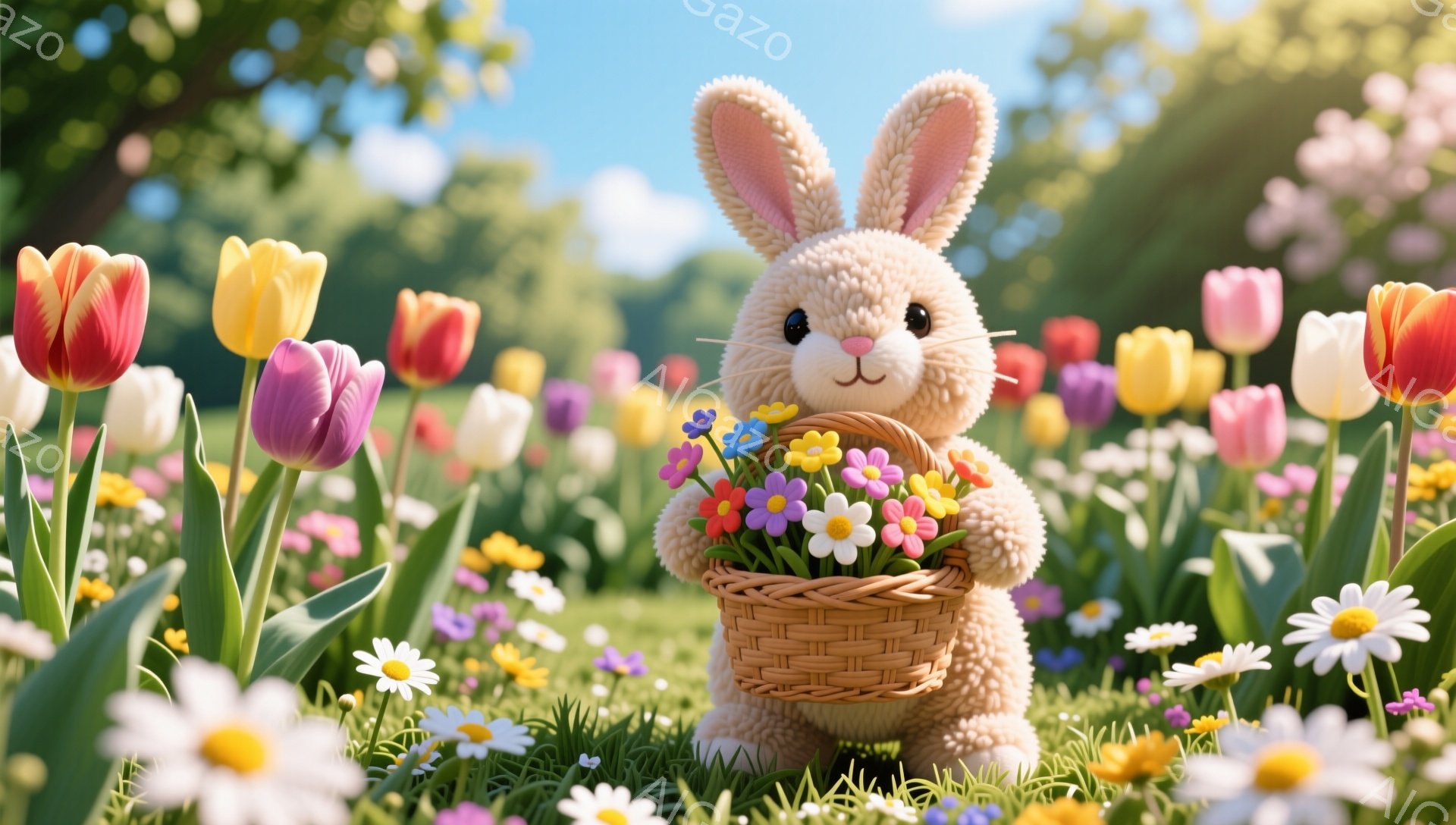 可愛らしいウサギが、カラフルな花々が咲き乱れる草原に立っています。ウサギは小さなバスケットを持っており、中にたくさんの花が入れられています。春の暖かく、穏やかな雰囲気が伝わってくる絵です。 - AI生成フリー素材