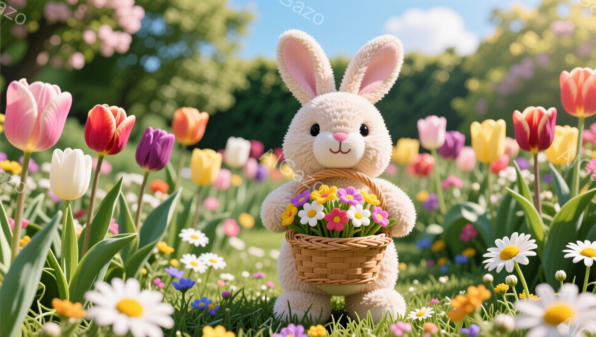 ふわふわの白いウサギが、花でいっぱいのバスケットを抱えています。背景には色とりどりのチューリップやデイジーが咲き乱れ、緑豊かな草原が広がっています。春らしい暖かく、可愛らしい雰囲気の写真です。