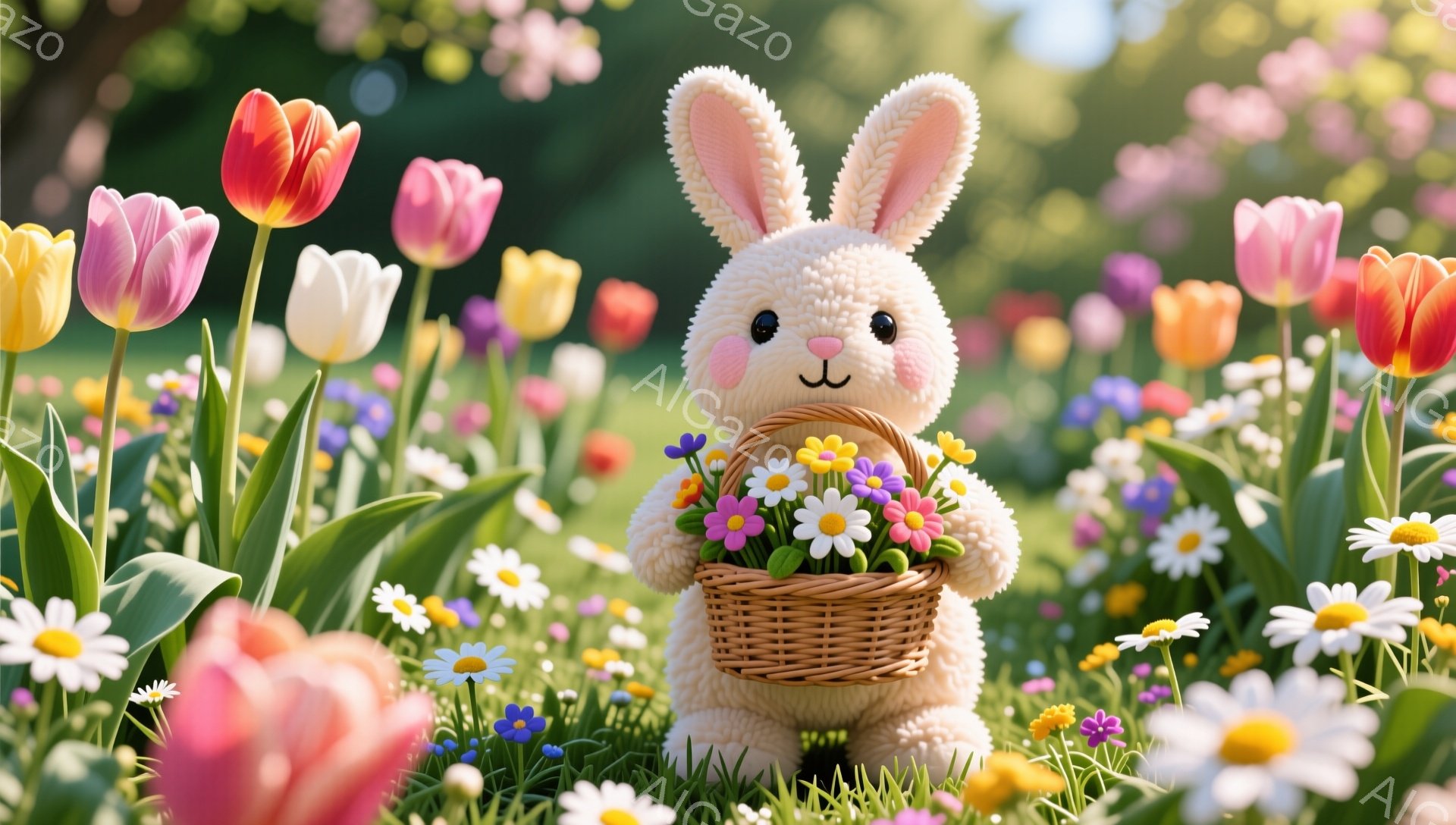 ふわふわの白いウサギが、花でいっぱいの草原に立っています。ウサギは小さなバスケットを持っており、中にはカラフルな花々が溢れています。背景には様々な種類の花が咲き乱れ、春らしい暖かい雰囲気が漂っています - AI生成フリー素材
