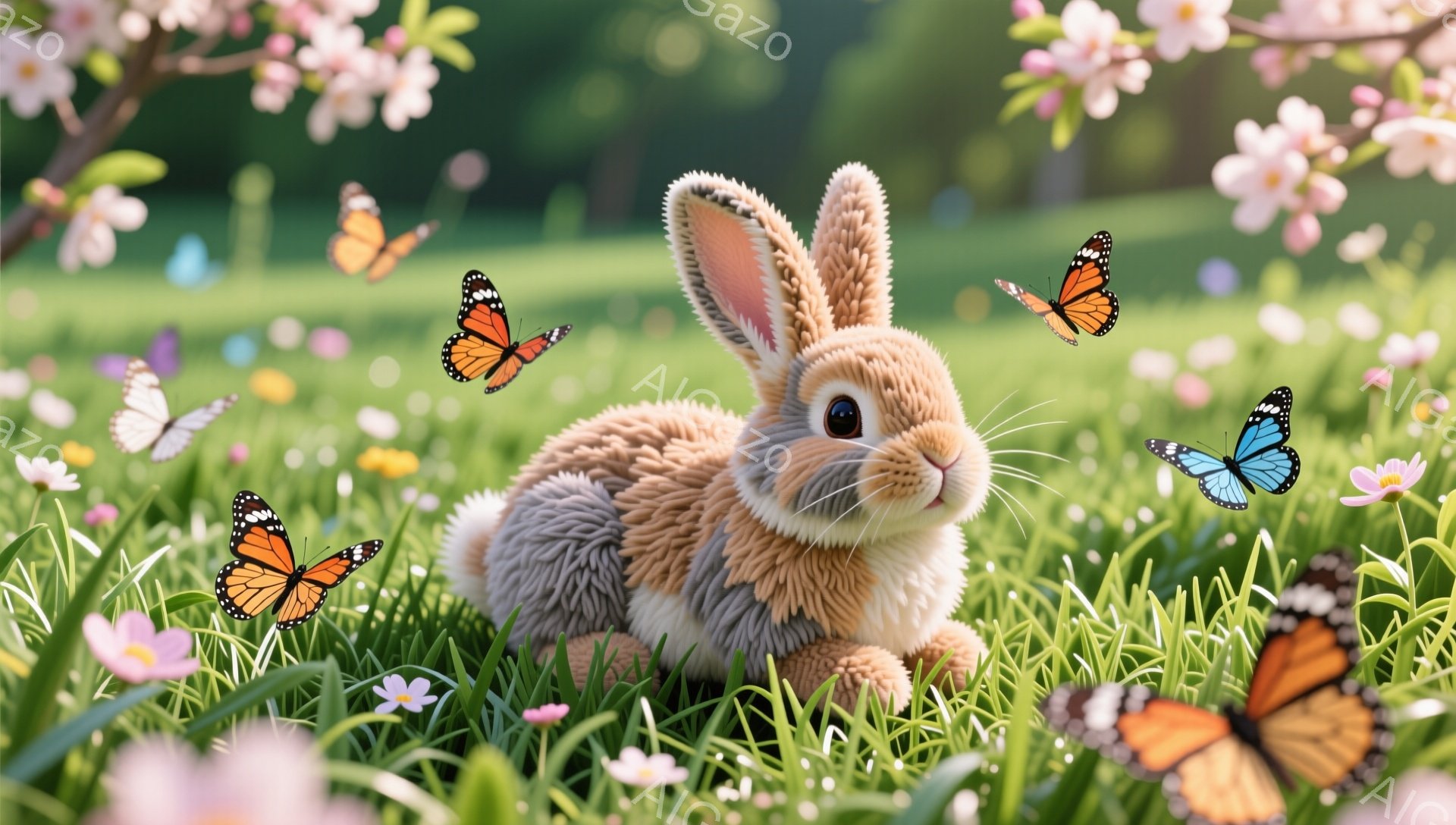柔らかい毛並みのうさぎが草の上に座っており、周囲には色とりどりの蝶が舞っている。春らしい花々が咲き乱れ、暖かく穏やかな雰囲気が漂っている。うさぎは前方を向いており、可愛らしい表情をしている。