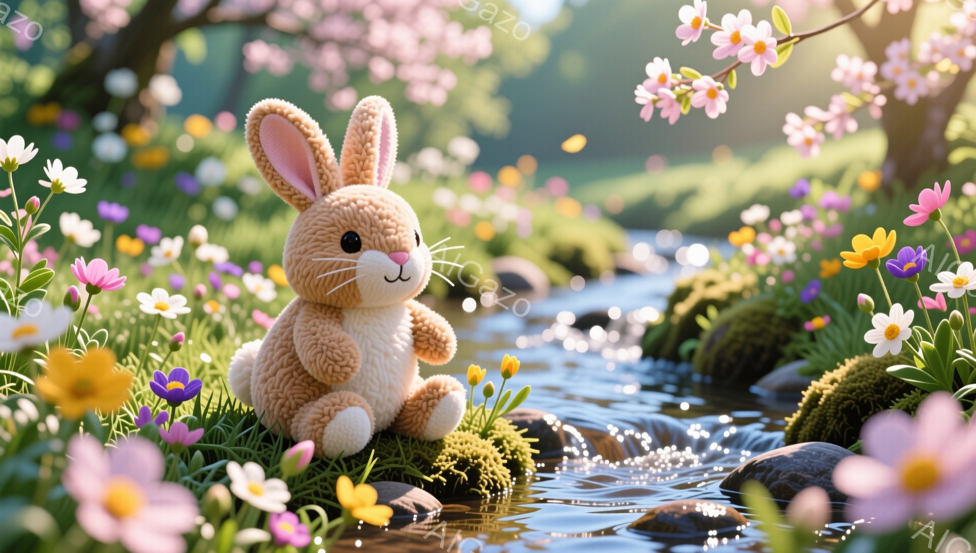 柔らかい毛並みのうさぎのぬいぐるみがお花畑の小川のほとりに座っています。桜の木から散りばめられた花びらが、春の穏やかな雰囲気を漂わせています。小川はキラキラと輝き、背景の緑豊かな風景とのコントラストが美しいです。