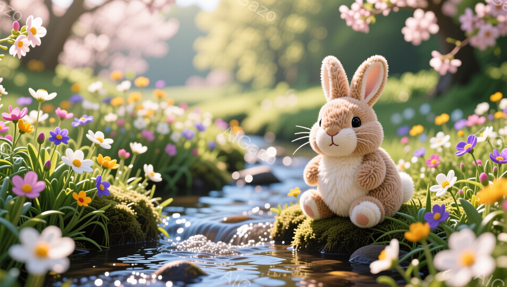 小さなウサギの人形が、苔むした岩の上に座って、穏やかな流れの川を見下ろしています。周囲には色とりどりの花が咲き乱れ、春らしい暖かく優しい雰囲気が漂っています。背景にはぼやけた木々が見え、自然豊かな風景 - AI生成フリー素材