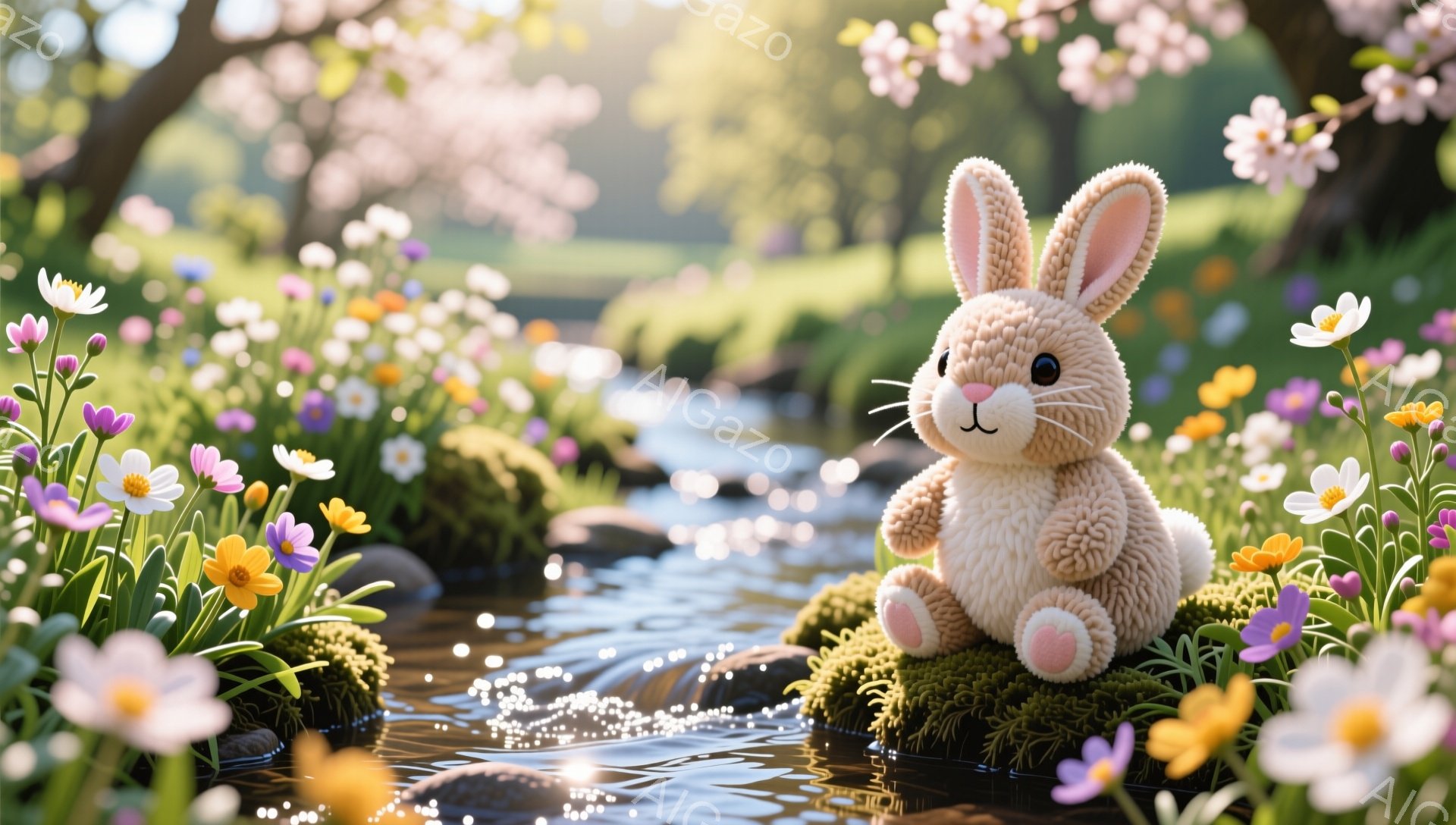 小さなウサギの人形が緑の苔の上に座って、小川の横で微笑んでいます。周囲には色とりどりの花が咲き乱れ、背景にはぼんやりとした木々が見え、春の穏やかな雰囲気を醸し出しています。光が優しく差し込み、暖かく心 - AI生成フリー素材