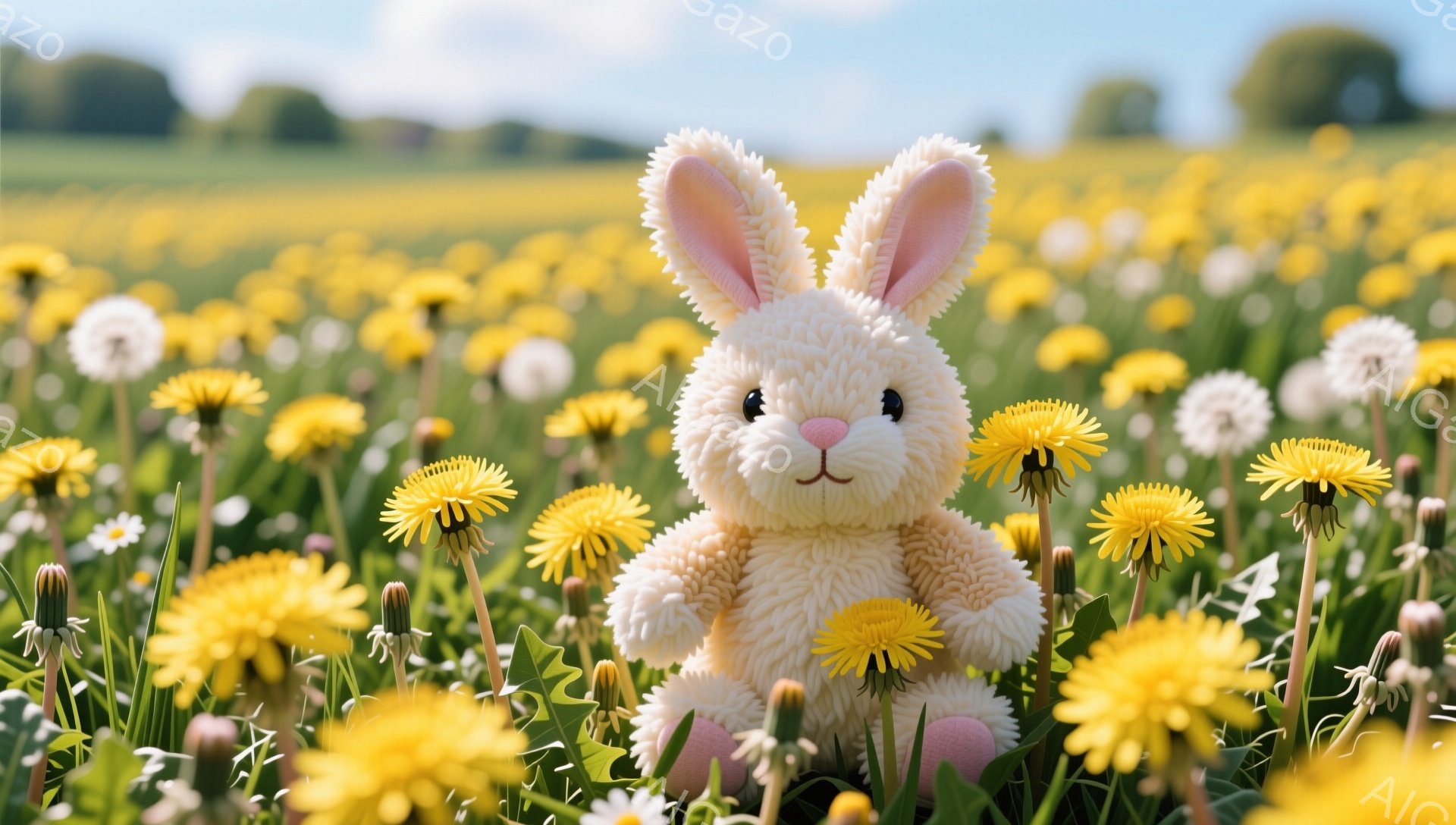 淡いクリーム色の毛並みを持つウサギのぬいぐるみは、タンポポが咲き乱れる草原に座っています。ピンク色の足と耳は可愛らしく、優しい雰囲気を醸し出しています。背景には緑豊かな草地とぼんやりとした木々が見え、 - AI生成フリー素材