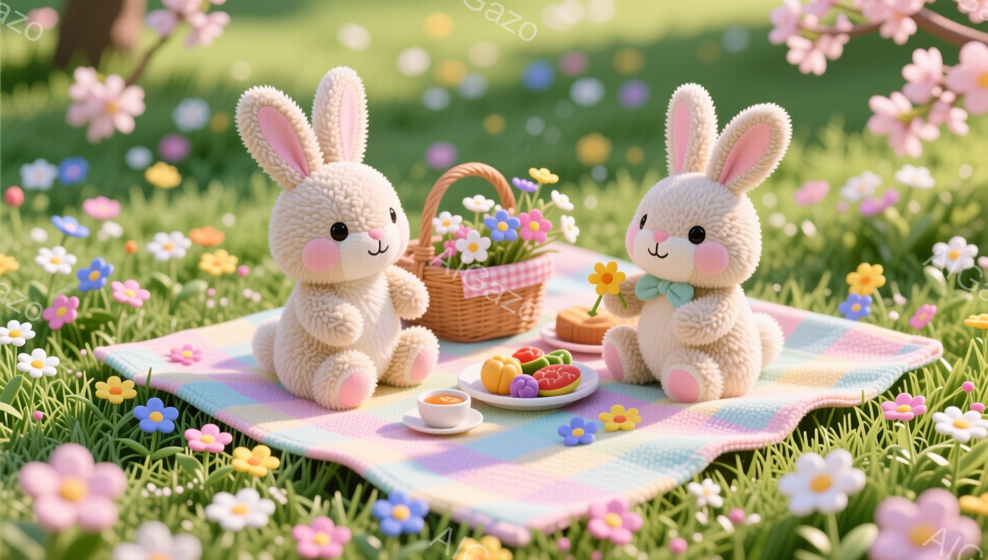 ふわふわのウサギの2匹が、ピクニックを楽しんでいます。ピンクと水色のチェックの布の上に座り、小さなテーブルには可愛らしい料理が並べられています。周囲には色とりどりの花が咲き乱れ、春らしい穏やかな雰囲気です。