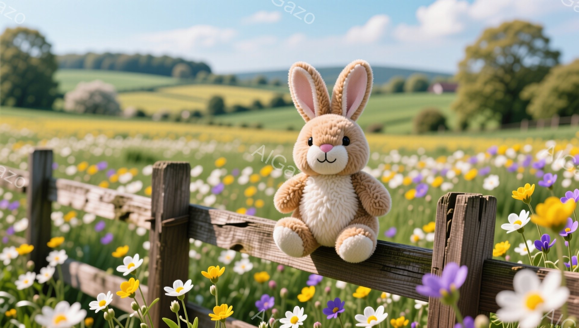 柔らかい毛並みのうさぎのぬいぐるみがお庭のフェンスに座っています。背景には色とりどりの花が咲き乱れ、緑豊かな牧草地が広がっています。穏やかで平和な雰囲気の、春らしい一日を描写した写真です。