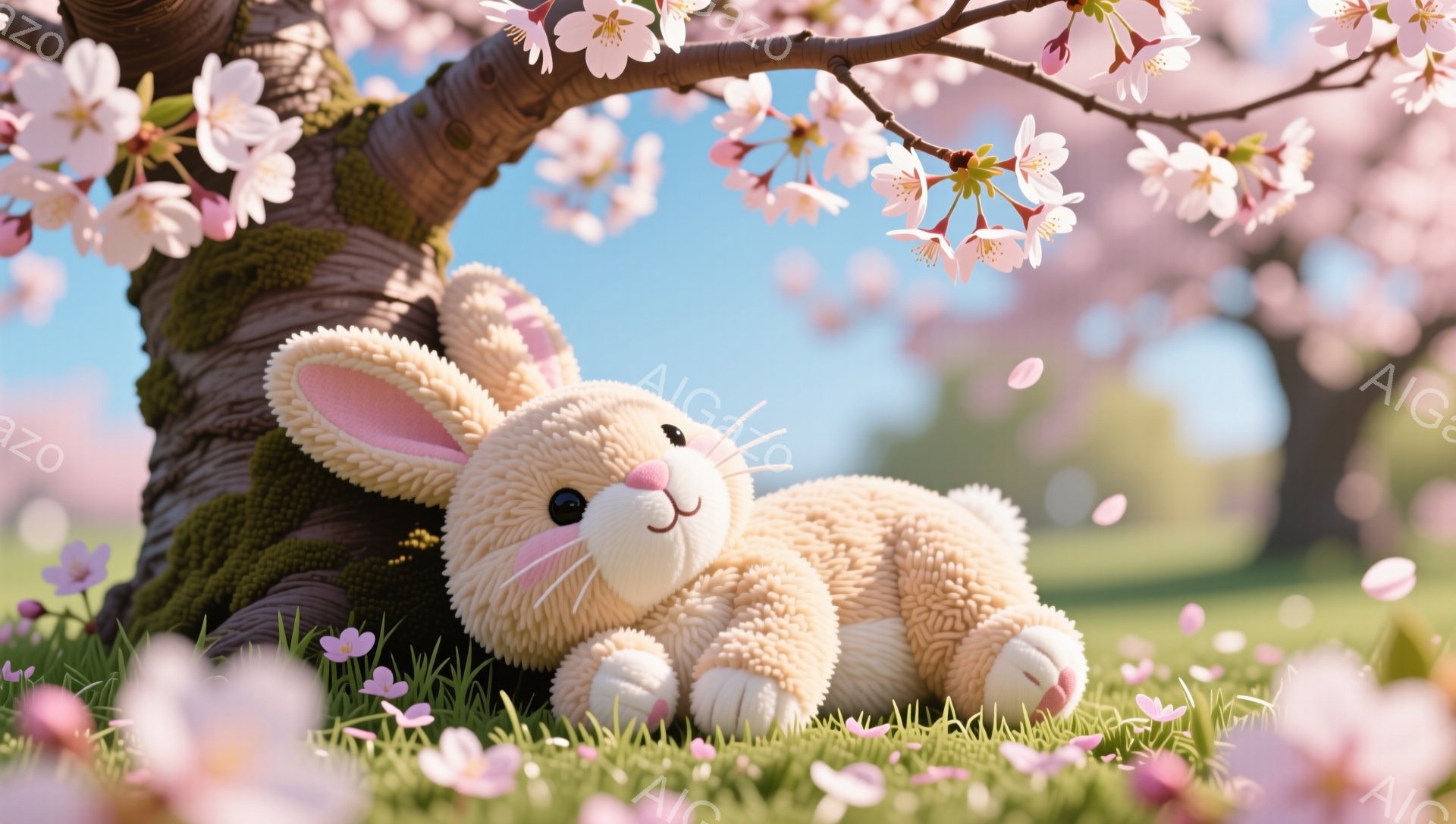 ふわふわのうさぎが桜の木の根元で横になっています。ピンク色の桜の花びらが舞い散り、春の穏やかな雰囲気を演出しています。鮮やかな緑の草の上にうさぎがくつろいでいる様子が可愛らしいです。