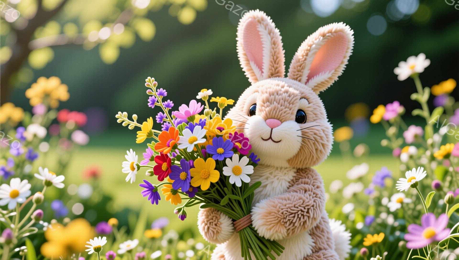 ふわふわのうさぎが、色とりどりの花束を抱えています。背景には、ピンクや黄色、紫など様々な色の花々が咲き乱れ、春らしい暖かな雰囲気です。うさぎは優しい笑顔で、見る人に幸せな気持ちを与えてくれます。
