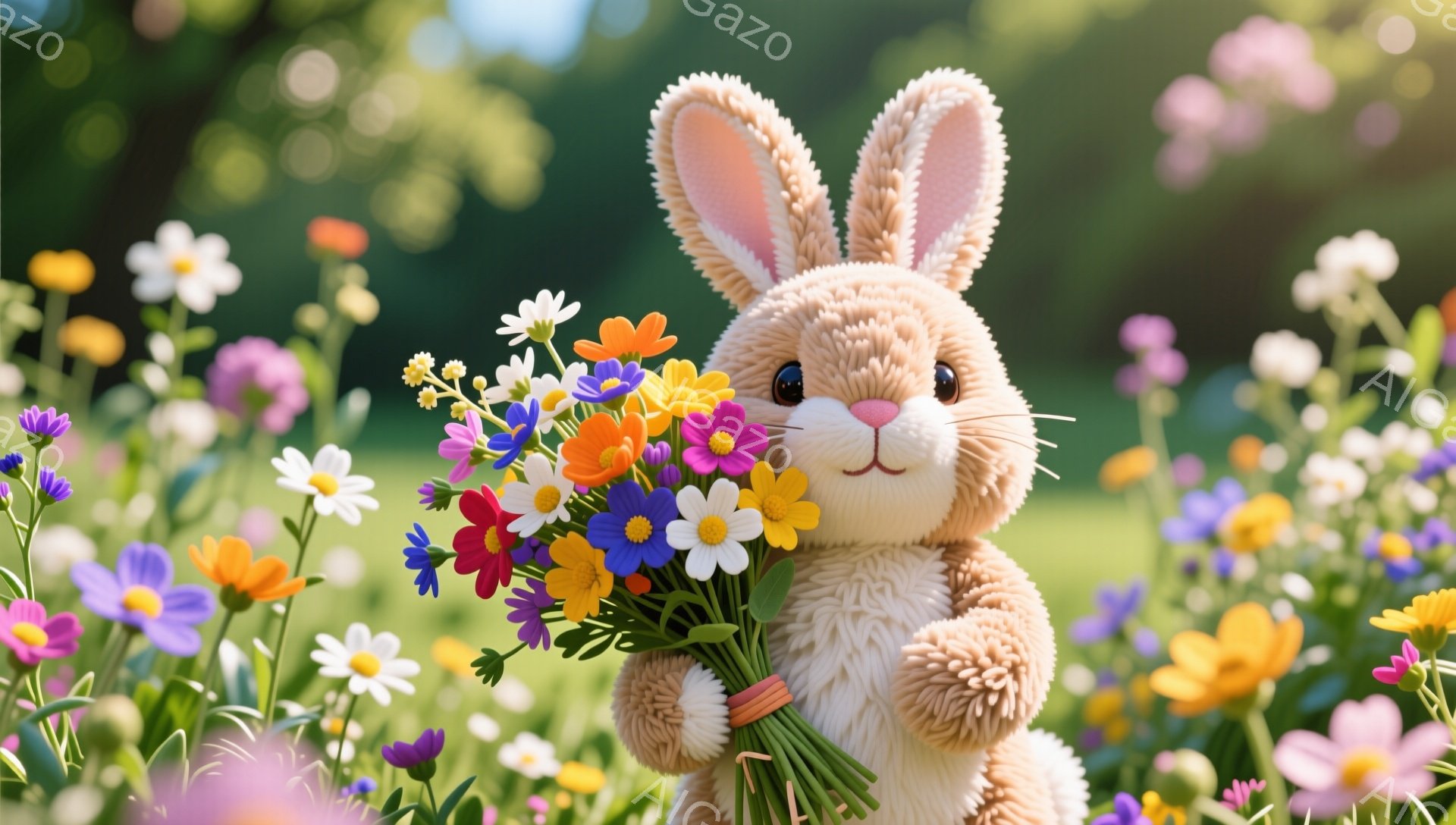 ふわふわの毛並みを持つ可愛らしいウサギが、色とりどりの花束を抱えています。背景には多くの花が咲き乱れ、春の暖かく穏やかな雰囲気が漂っています。ウサギは少し微笑んでいるようで、見ている人を優しい気持ちにさせます。