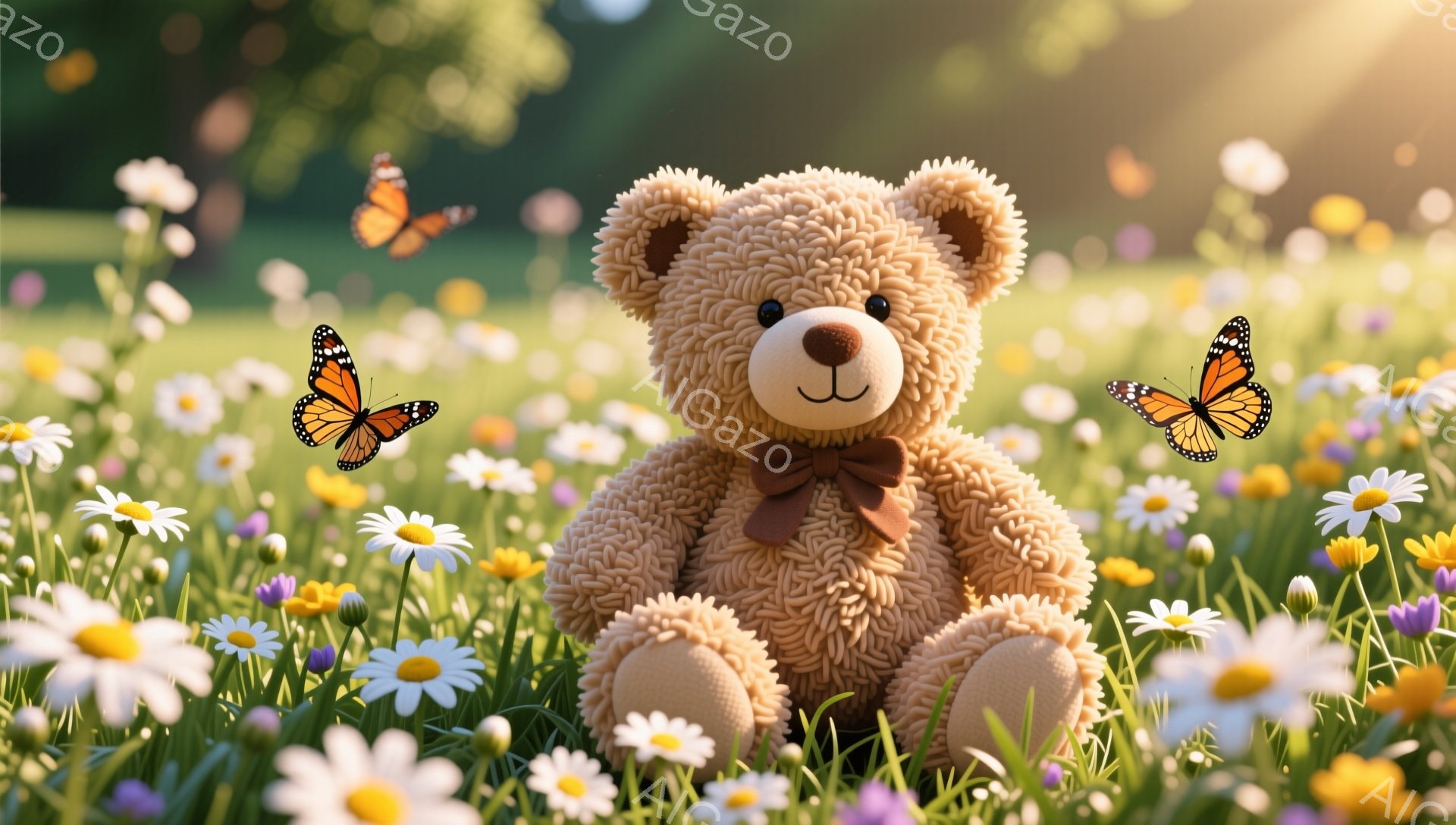 明るい緑の草原に、ふわふわの茶色のくまのぬいぐるみがお座りになっています。鮮やかな色の蝶がいくつか舞っており、背景にはぼやけた木々が見えます。暖かく穏やかな雰囲気で、春または夏の日の自然の美しさを表現 - AI生成フリー素材