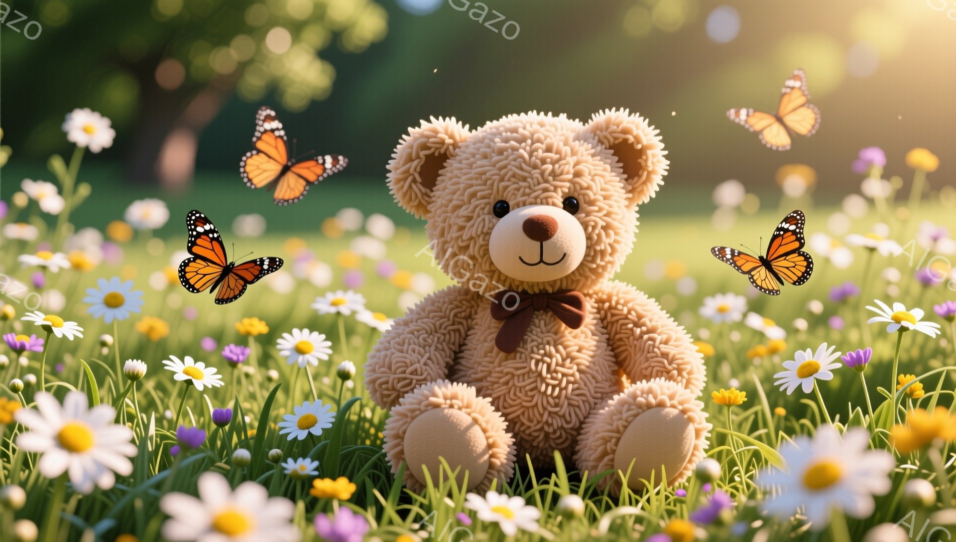 ふわふわの茶色のテディベアが花畑に座っています。赤いリボンが首に巻かれ、優しい雰囲気を醸し出しています。周りにはたくさんの小さなデイジーと、舞い飛ぶ蝶がおり、春らしい暖かな光が差し込んでいます。