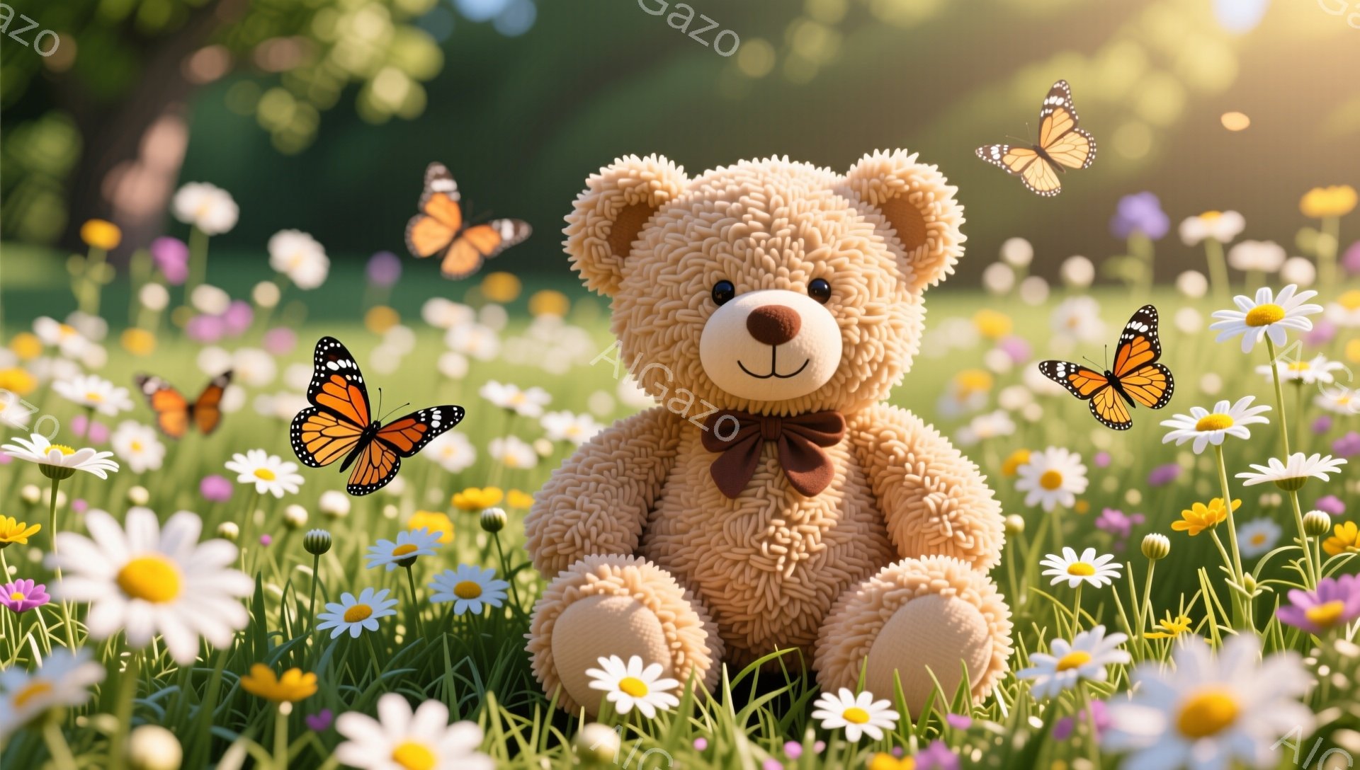 緑豊かな草地の花畑に、愛らしいテディベアが座っています。茶色のモコモコとした体と黒い小さな目、そして赤いリボンが可愛らしい印象を与えます。周りにはカラフルな花々が咲き乱れ、明るく穏やかな雰囲気を醸し出 - AI生成フリー素材