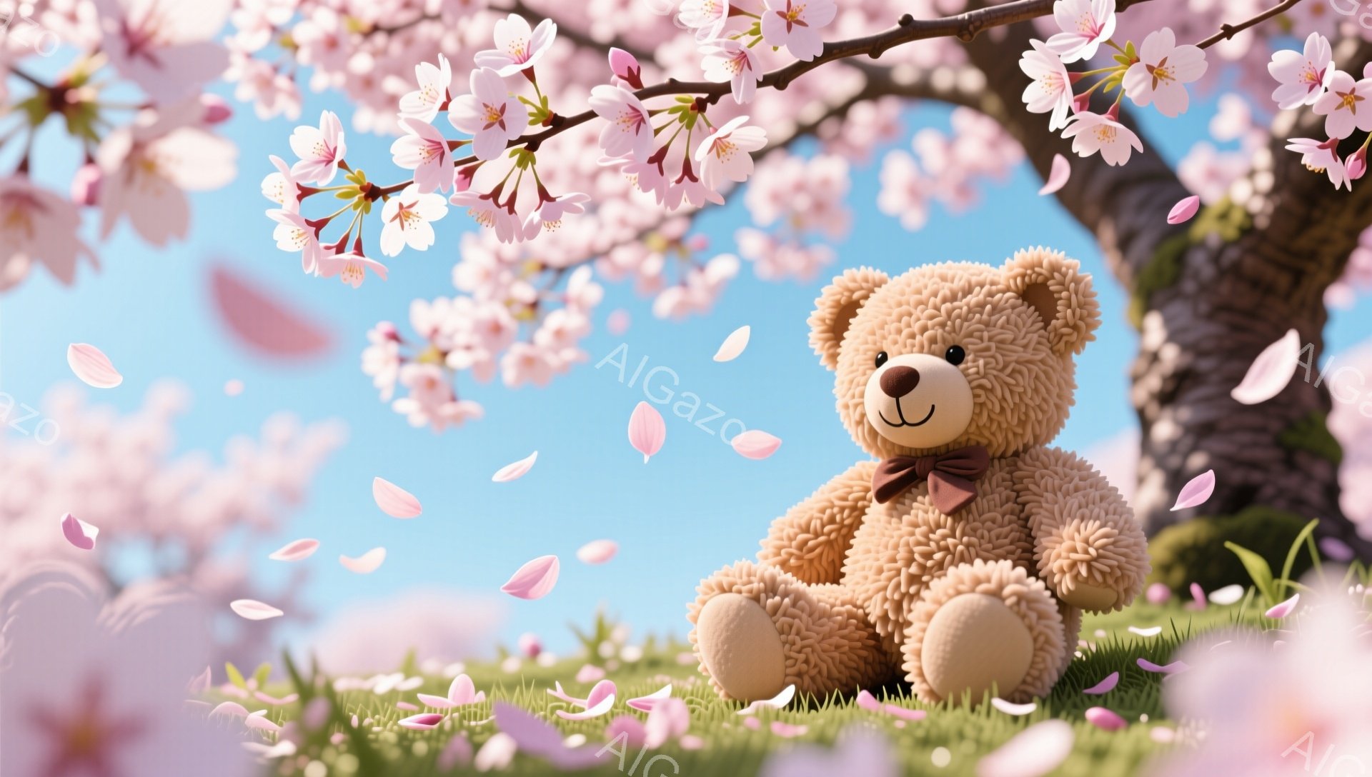 ふわふわの茶色のテディベアが草の上に座り、桜の花びらが舞い散っています。桜の木の枝が頭上に広がり、優しい春の光が差し込んでいます。穏やかで平和な雰囲気が漂う、可愛らしい光景です。