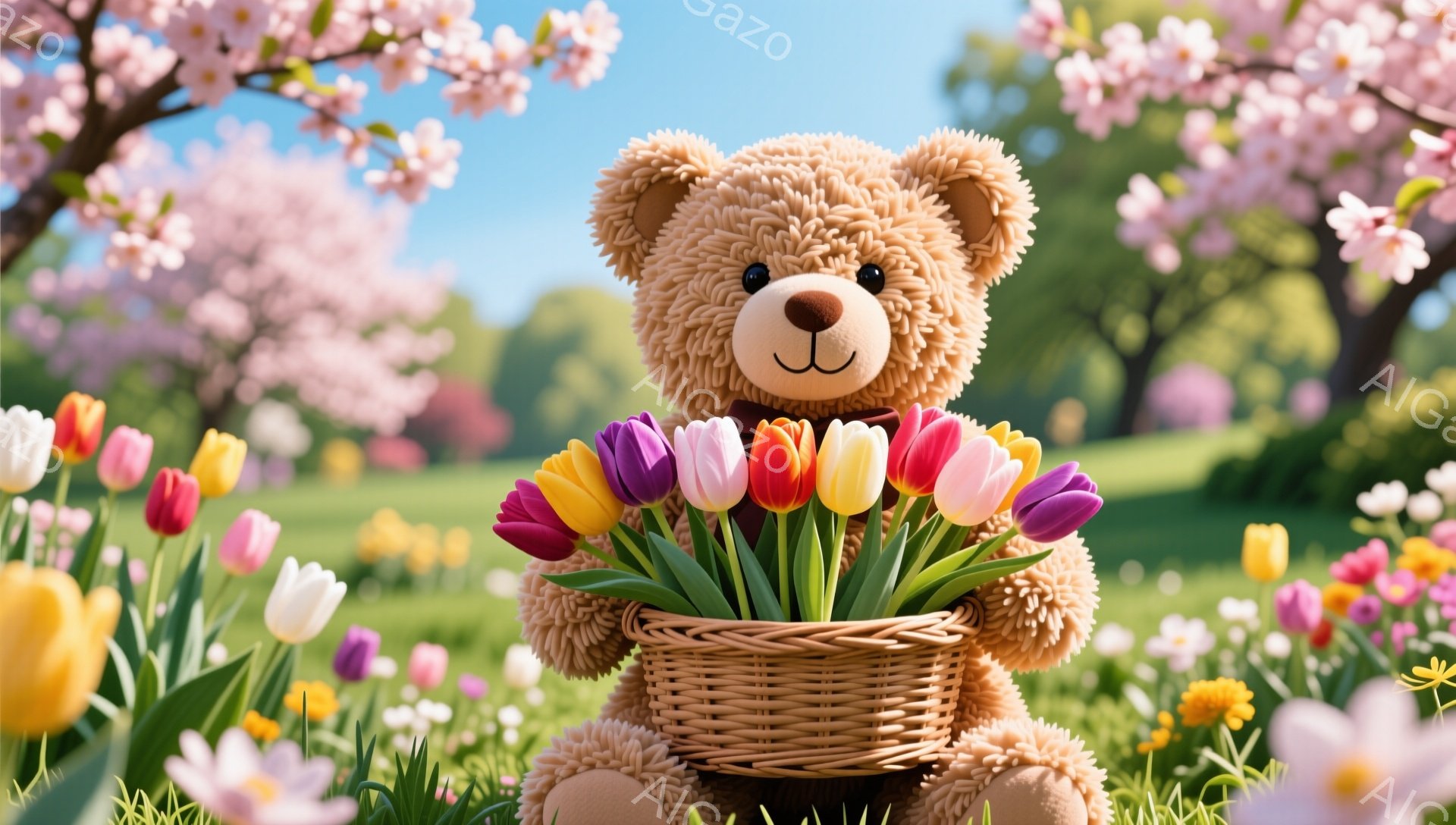 ふわふわのテディベアが、色とりどりのチューリップの花束を抱えています。背景には桜の木と緑の草むらがあり、春の暖かく穏やかな雰囲気が漂っています。花々は鮮やかで、テディベアとのコントラストが可愛らしい印象を与えます。