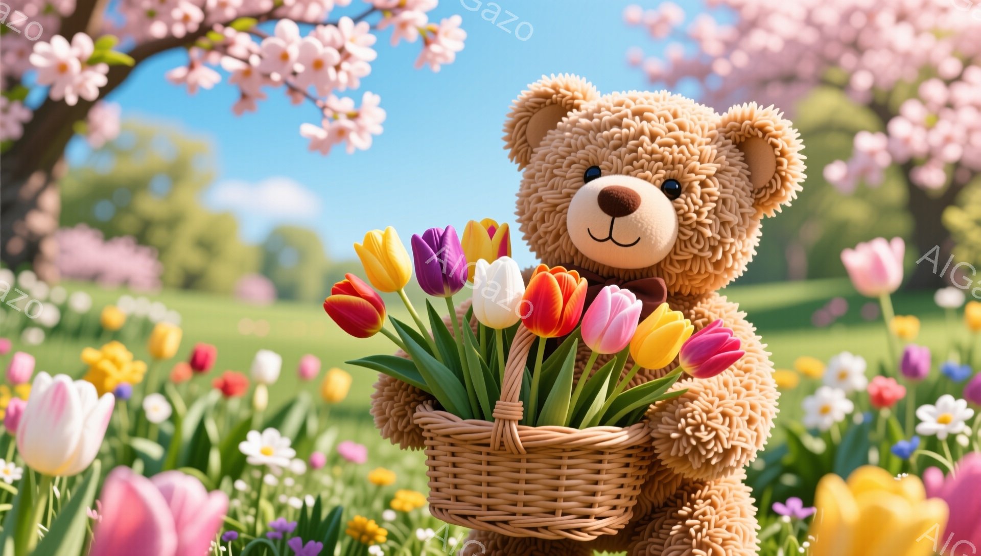 ふわふわのテディベアが、色とりどりのチューリップが盛られたバスケットを抱えています。背景には桜の木々と、様々な花が咲き乱れる春の庭園が広がっています。暖かく穏やかな雰囲気が漂う、幸せな情景です。 - AI生成フリー素材