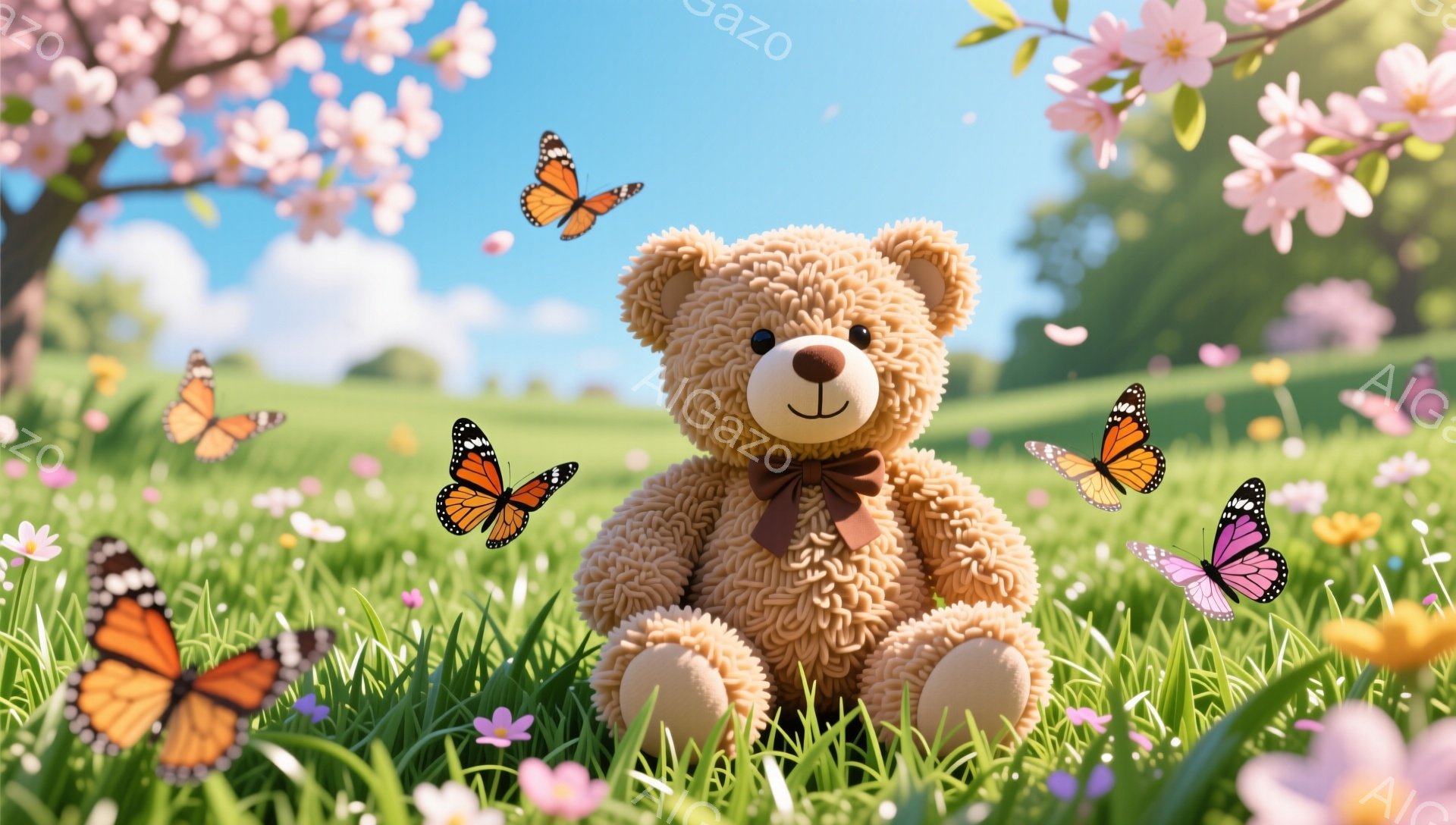緑の草むらに座って、茶色のふわふわのテディベアがいます。周りには色とりどりの蝶が舞っており、背景には桜の木と青空が見えます。春らしい穏やかで幸せな雰囲気です。 - AI生成フリー素材