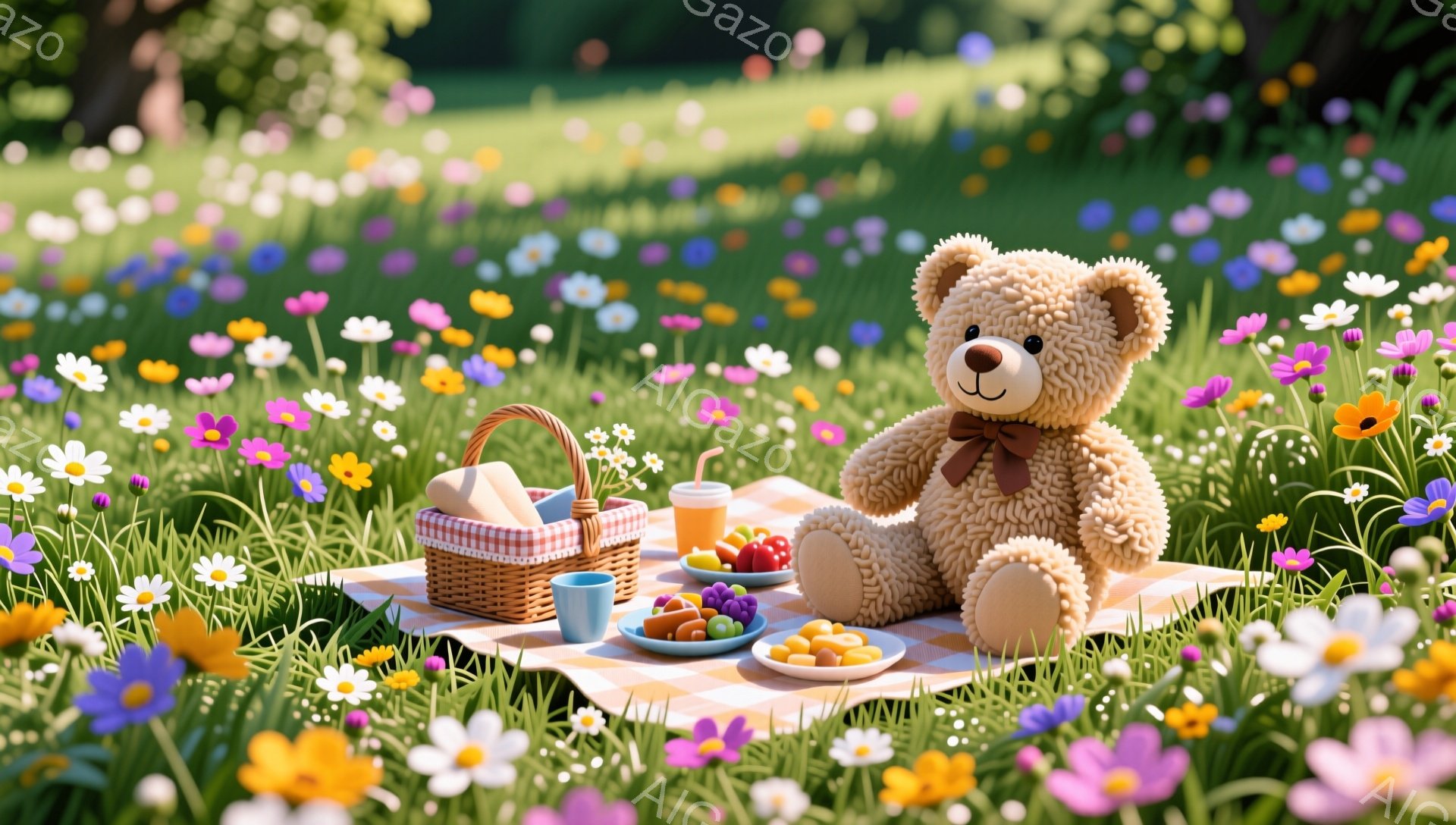広野に敷かれたチェックのピクニックシートの上には、可愛らしいテディベアが座っています。鮮やかな野花が咲き乱れる中で、バスケットからパンやフルーツが並べられ、穏やかな春の日のピクニックを楽しんでいる様子です。暖かく優しい雰囲気が漂う、平和な情景が広がっています。
