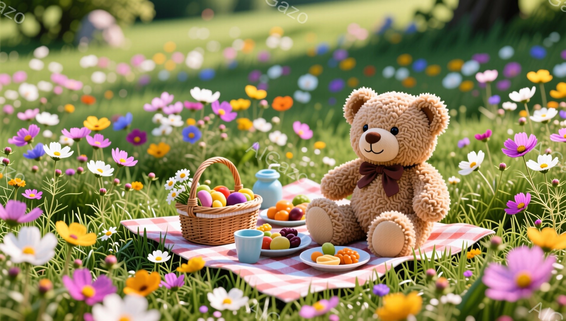 色とりどりの花々が咲き乱れる草原で、可愛らしいテディベアがピクニックを楽しんでいます。赤いリボンをつけたベアは、ピンクと白のチェック柄の敷物の上に座り、バスケットや小さな食器が並べられています。温かい日差しと美しい花々が、幸せな雰囲気を演出しています。