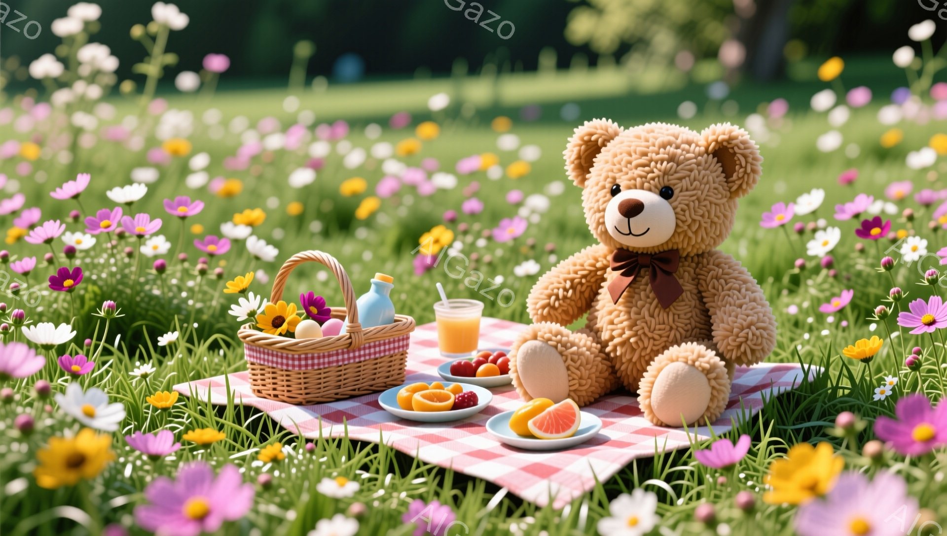 広々とした草原で、テディベアがピクニックを楽しんでいます。赤いチェックの敷物の上に、バスケット、飲み物、果物、デザートが置かれており、周囲には色とりどりの花が咲き乱れています。穏やかで平和な雰囲気の中で、春の陽光が差し込んでいます。