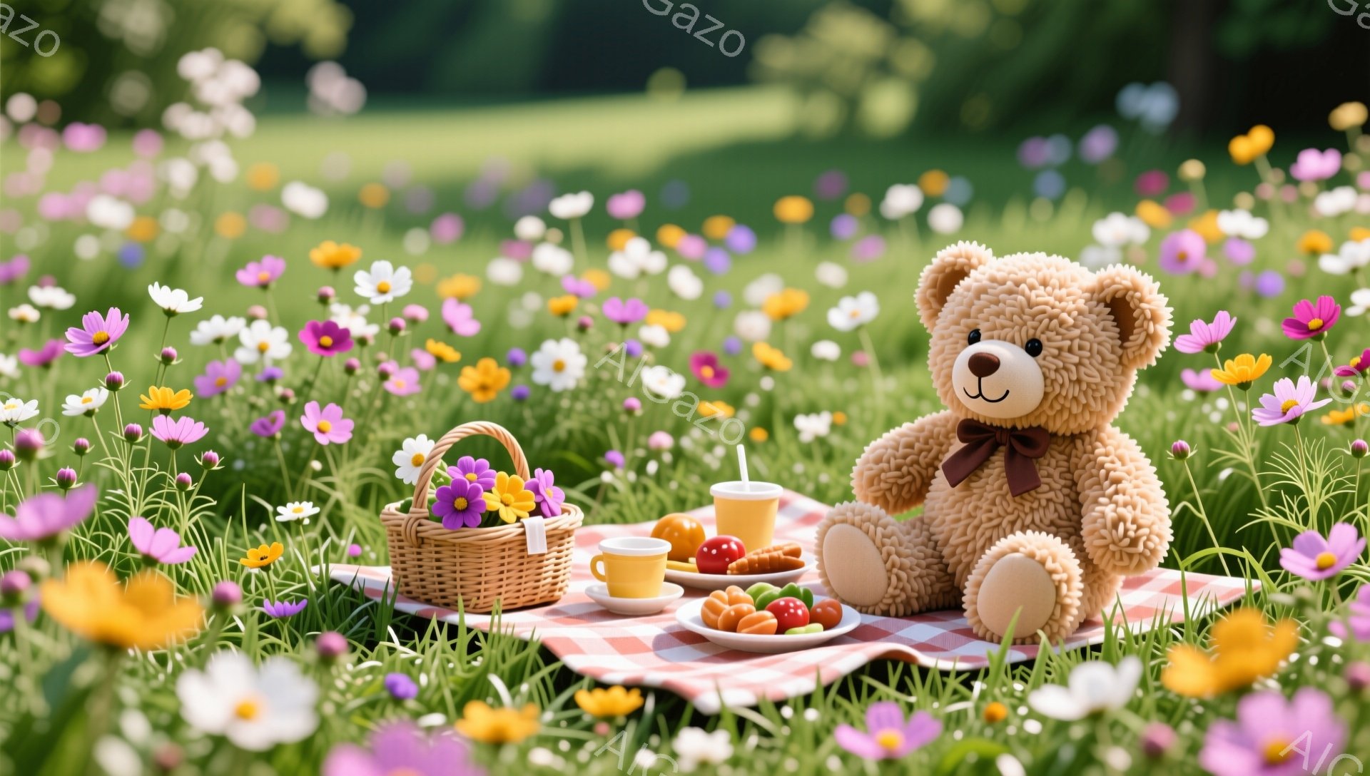 広々とした花畑で、テディベアがピクニックを楽しんでいます。バスケットには花が活けられ、赤いチェックのピクニックシートの上には、飲み物と軽食が並べられています。優しい光とカラフルな花々が、暖かく平和な雰囲気を醸し出しています。