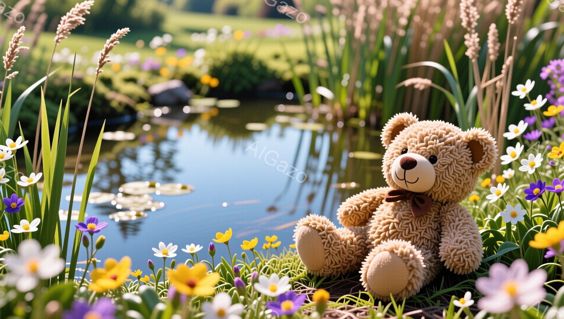 草原の中に座っているテディベアが写っています。緑の草と色とりどりの花に囲まれ、小さな池のそばでリラックスした様子です。日差しが暖かく、穏やかな春の日の雰囲気が伝わってきます。 - AI生成フリー素材
