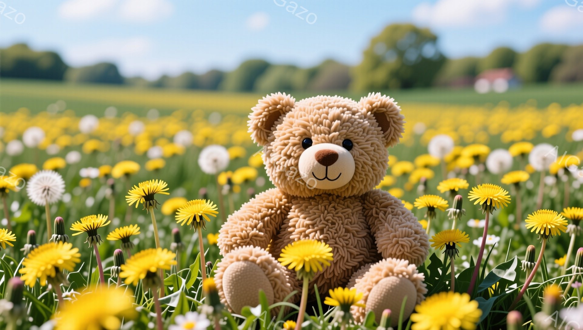 広大なタンポポ畑に座っているテディベアです。ふわふわの毛並みで可愛らしい表情をしています。背景には緑の草と木々が見え、春の穏やかな雰囲気を醸し出しています。 - AI生成フリー素材