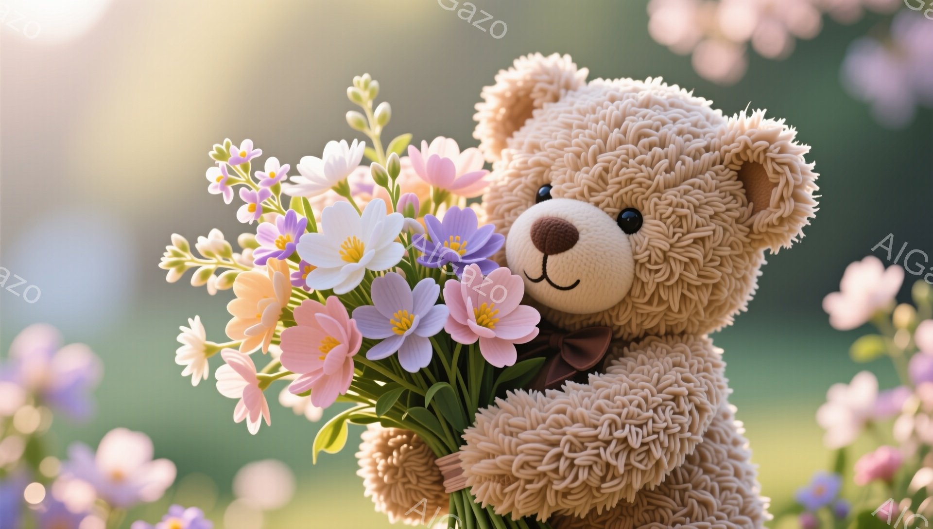 ふわふわのテディベアが、ピンク、白、黄色の花束を抱えています。背景は緑豊かな植物で覆われ、柔らかい光が差し込んでいます。可愛らしく優しい雰囲気が漂う画像です。