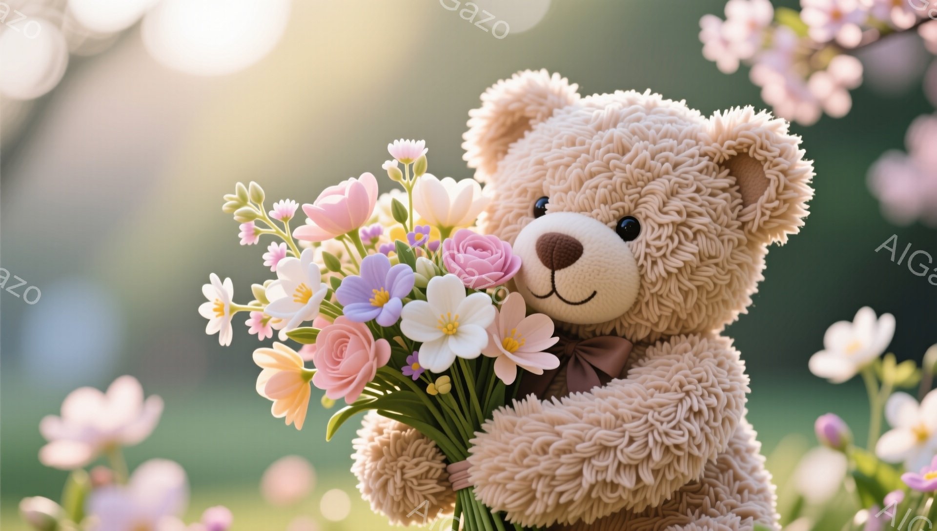 柔らかい毛並みのテディベアが、ピンクや黄色の花束を抱えています。背景は春らしい柔らかい光で満たされ、ピンクの花が咲き乱れています。暖かく、可愛らしい雰囲気が漂う写真です。
