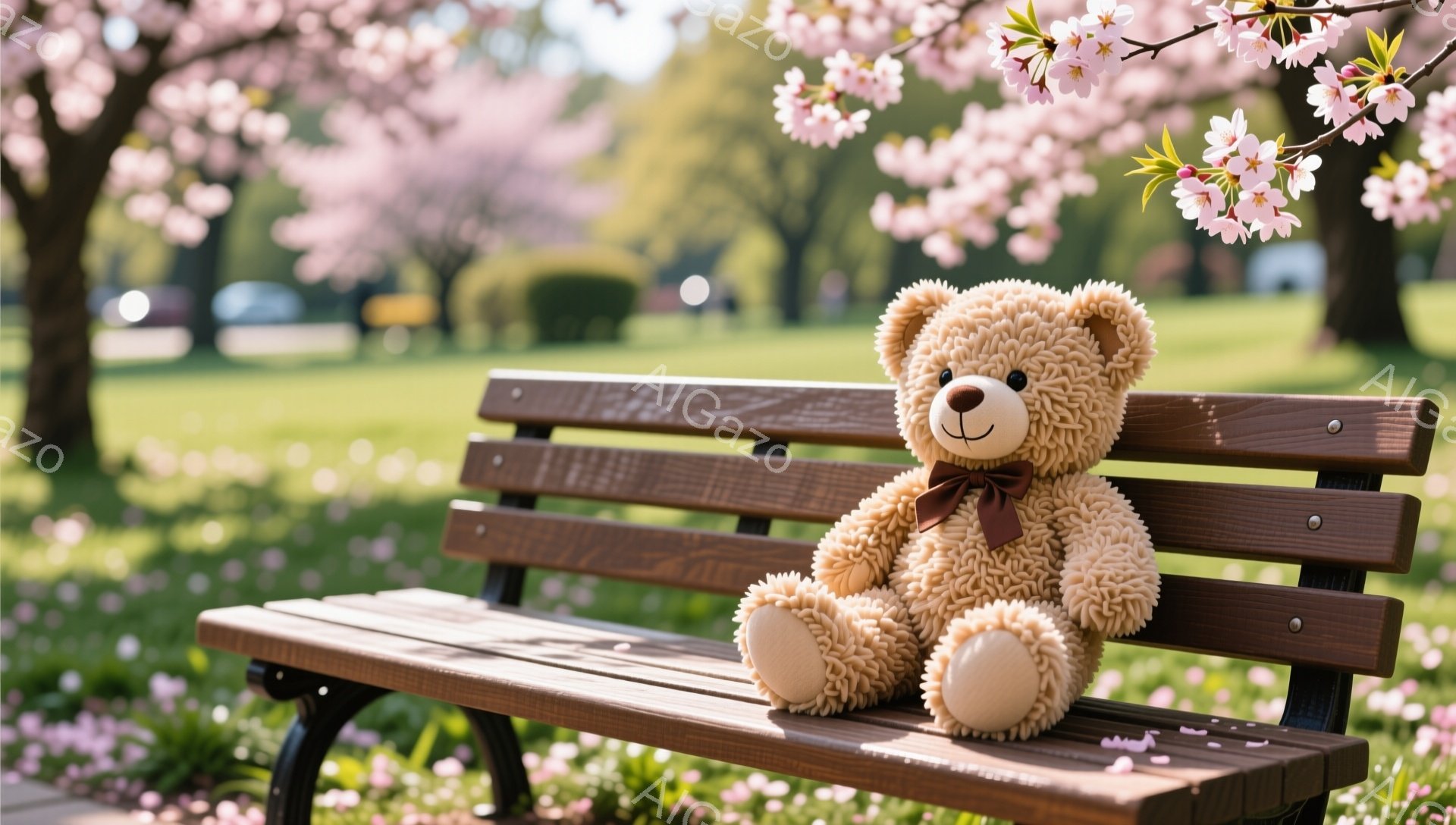 公園のベンチに座るテディベアが写っています。桜の花びらが舞い散り、春の穏やかな雰囲気が感じられます。ベアは茶色いリボンを付けており、可愛らしい印象を与えます。