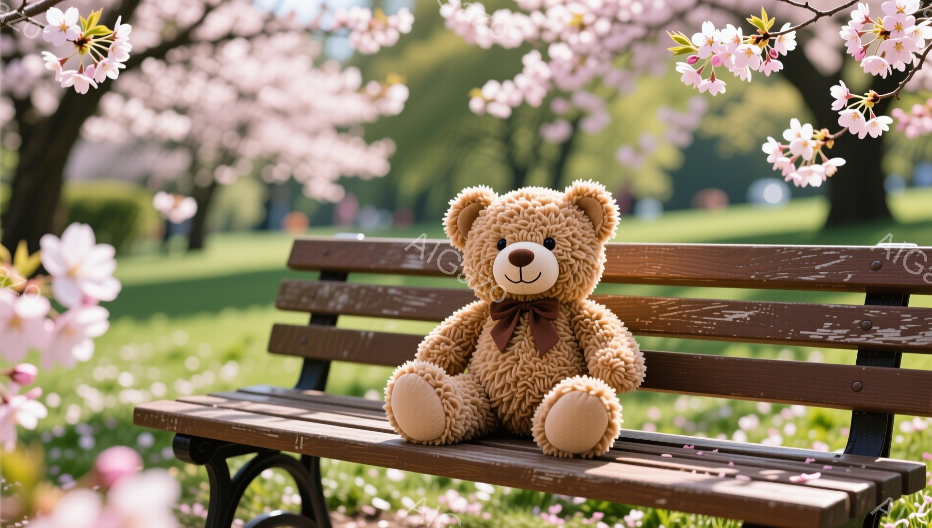 公園のベンチに、茶色のテディベアが座っています。桜の花びらが舞い散り、春の穏やかな雰囲気が漂っています。かわいらしいクマのぬいぐるみは、赤いリボンをつけています。